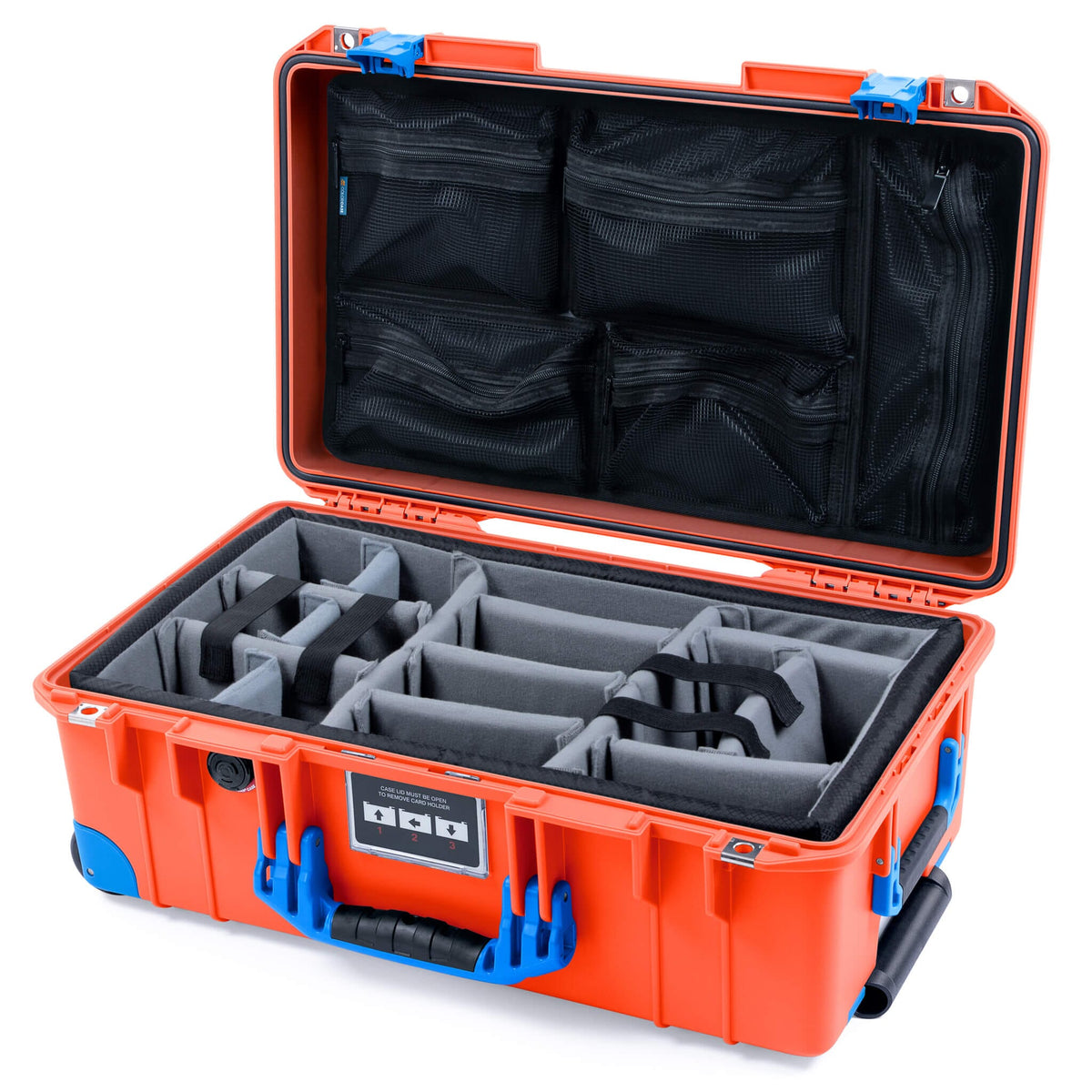 Pelican 1535 Air Case, Orange with Blue Handles, Latches &amp; Trolley Gray Padded Microfiber Dividers with Mesh Lid Organizer ColorCase 015350-0170-150-121-120