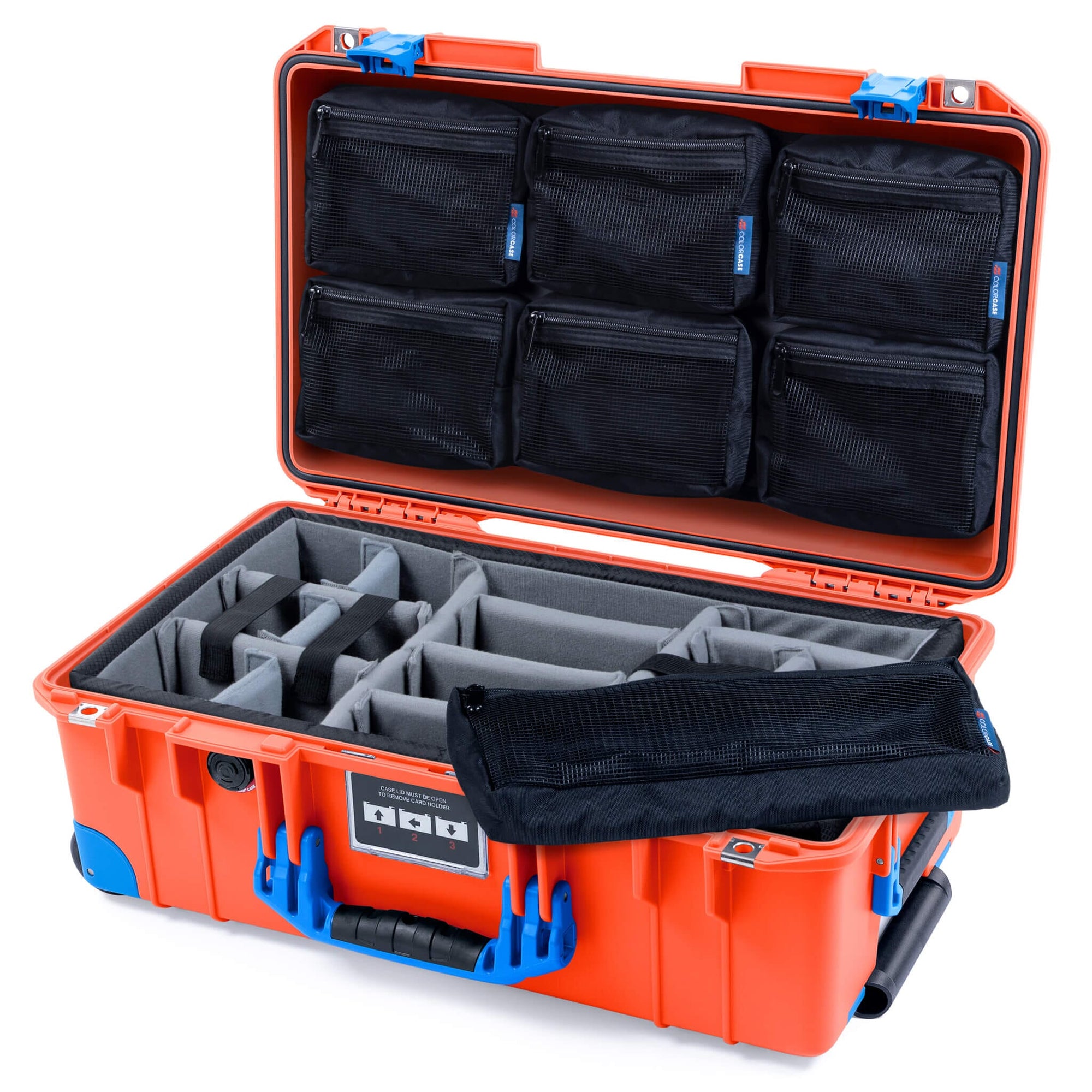 Pelican 1535 Air Case, Orange with Blue Handles, Latches & Trolley Gray Padded Microfiber Dividers with 7-Piece Removable Mesh Pouches ColorCase 015350-0770-150-121-120