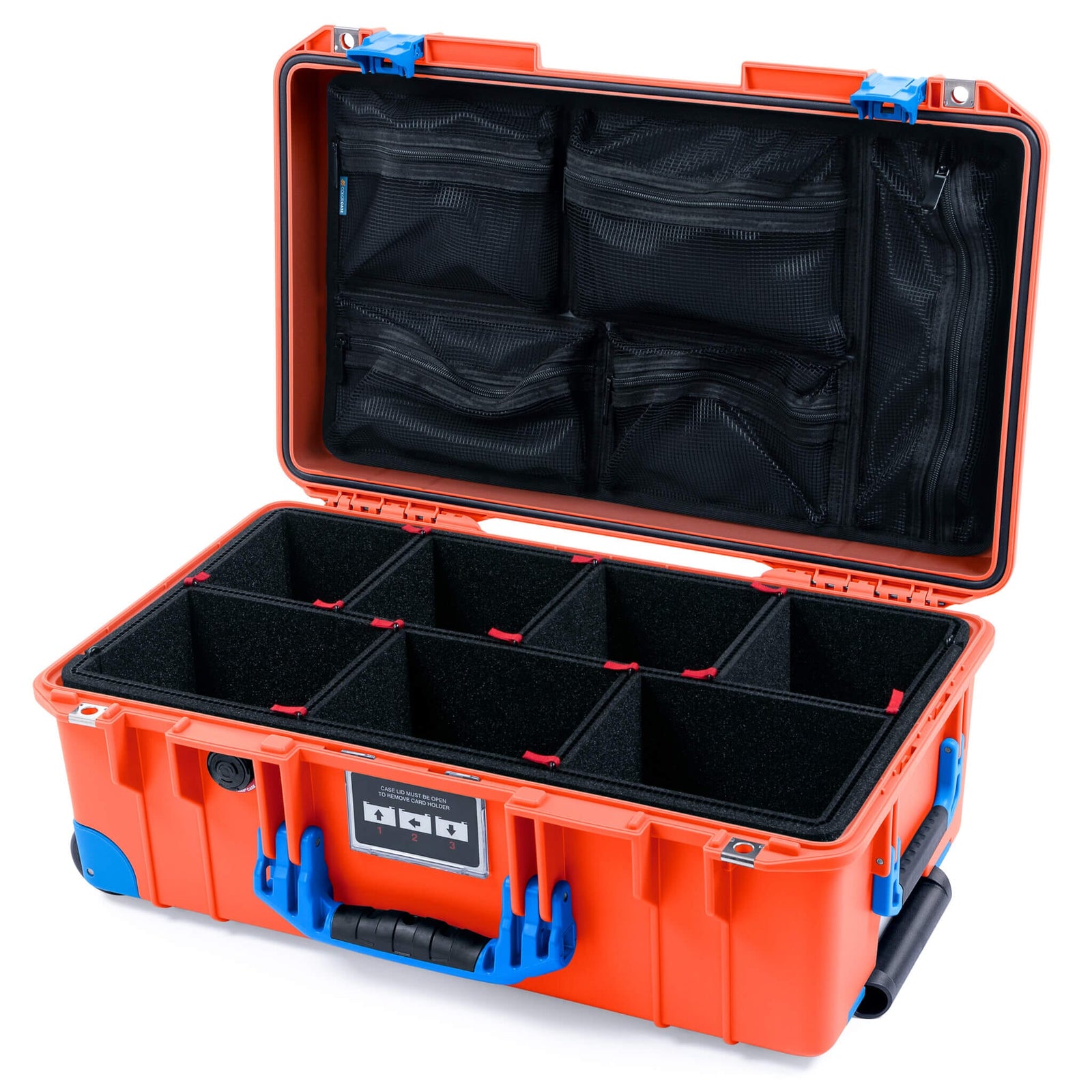 Pelican 1535 Air Case, Orange with Blue Handles, Latches & Trolley TrekPak Divider System with Mesh Lid Organizer ColorCase 015350-0120-150-121-120