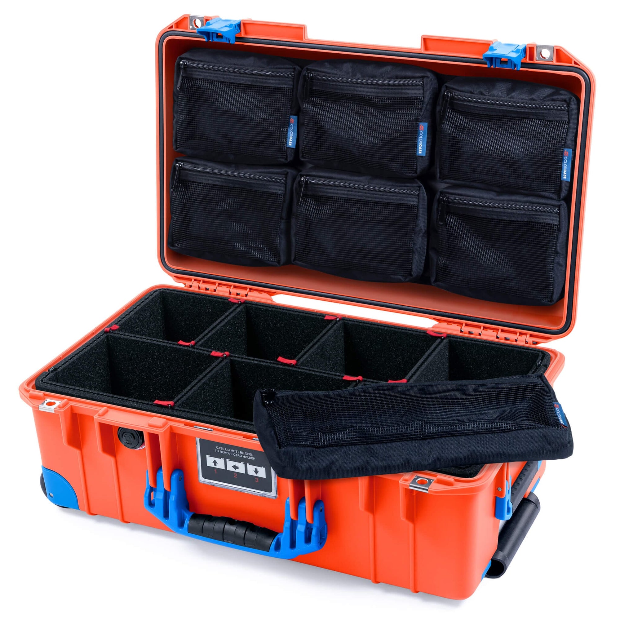 Pelican 1535 Air Case, Orange with Blue Handles, Latches & Trolley TrekPak Divider System with 7-Piece Removable Mesh Pouches ColorCase 015350-0720-150-121-120