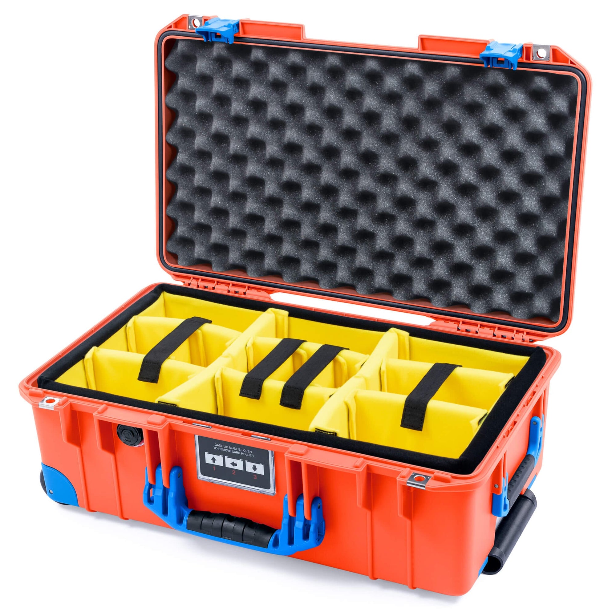 Pelican 1535 Air Case, Orange with Blue Handles, Latches & Trolley Yellow Padded Microfiber Dividers with Convoluted Lid Foam ColorCase 015350-0010-150-121-120