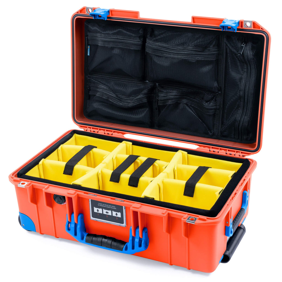 Pelican 1535 Air Case, Orange with Blue Handles, Latches &amp; Trolley Yellow Padded Microfiber Dividers with Mesh Lid Organizer ColorCase 015350-0110-150-121-120