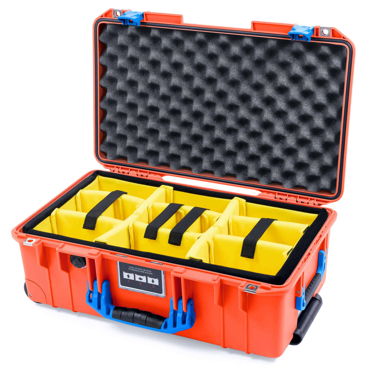 Pelican 1535 Air Case, Orange with Blue Handles &amp; Latches Yellow Padded Microfiber Dividers with Convoluted Lid Foam ColorCase 015350-0010-150-121