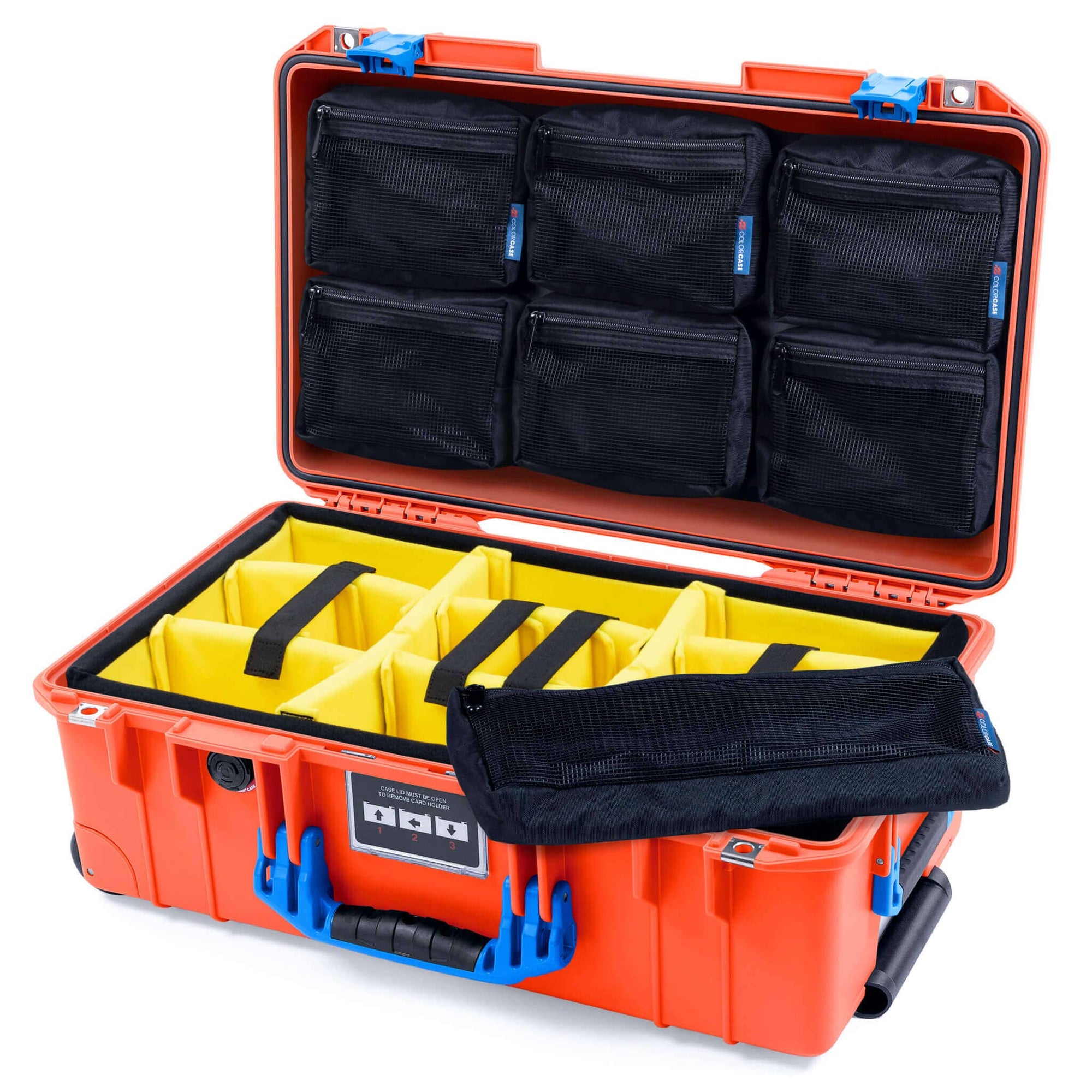 Pelican 1535 Air Case, Orange with Blue Handles & Latches Yellow Padded Microfiber Dividers with 7-Piece Removable Mesh Pouches ColorCase 015350-0710-150-121