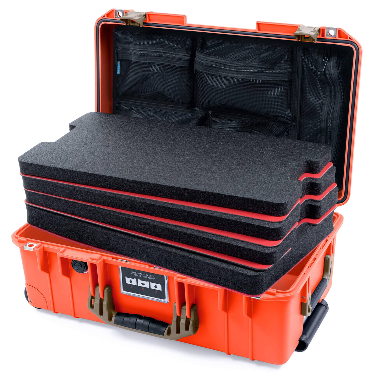 Pelican 1535 Air Case, Orange with Dark Desert Dirt Handles &amp; Latches Custom Tool Kit (4 Foam Inserts with Mesh Lid Organizer) ColorCase 015350-0160-150-581