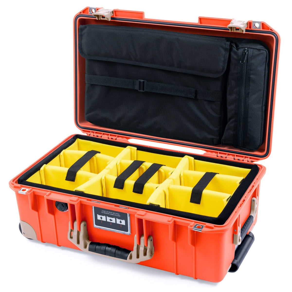Pelican 1535 Air Case, Orange with Desert Tan Handles, Latches &amp; Trolley Yellow Padded Microfiber Dividers with Laptop Computer Lid Pouch ColorCase 015350-0210-150-311-310