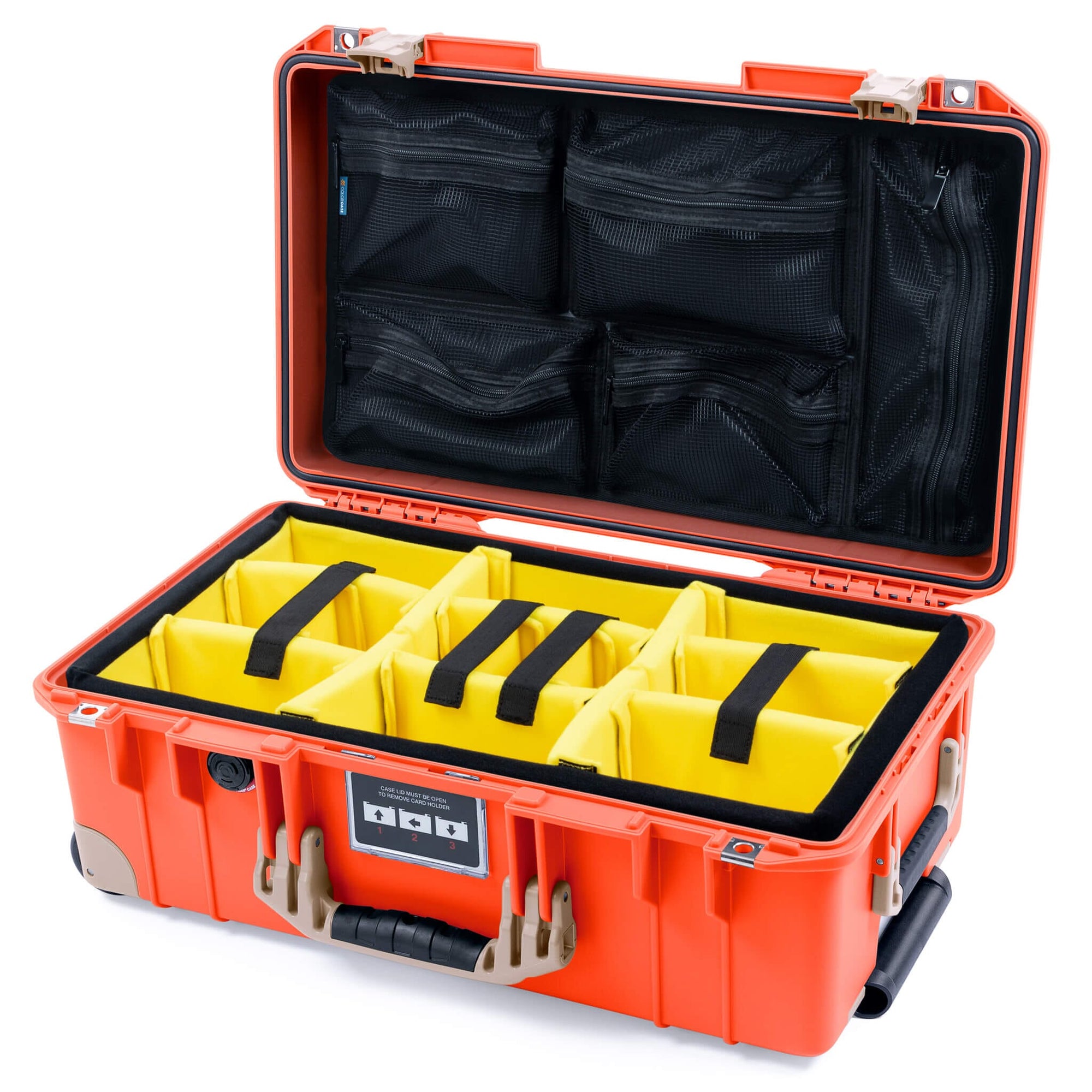 Pelican 1535 Air Case, Orange with Desert Tan Handles, Latches & Trolley Yellow Padded Microfiber Dividers with Mesh Lid Organizer ColorCase 015350-0110-150-311-310