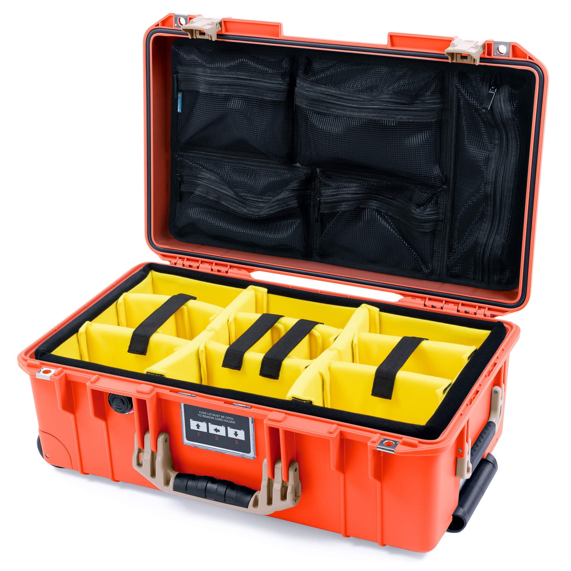 Pelican 1535 Air Case, Orange with Desert Tan Handles & Latches Yellow Padded Microfiber Dividers with Mesh Lid Organizer ColorCase 015350-0110-150-311