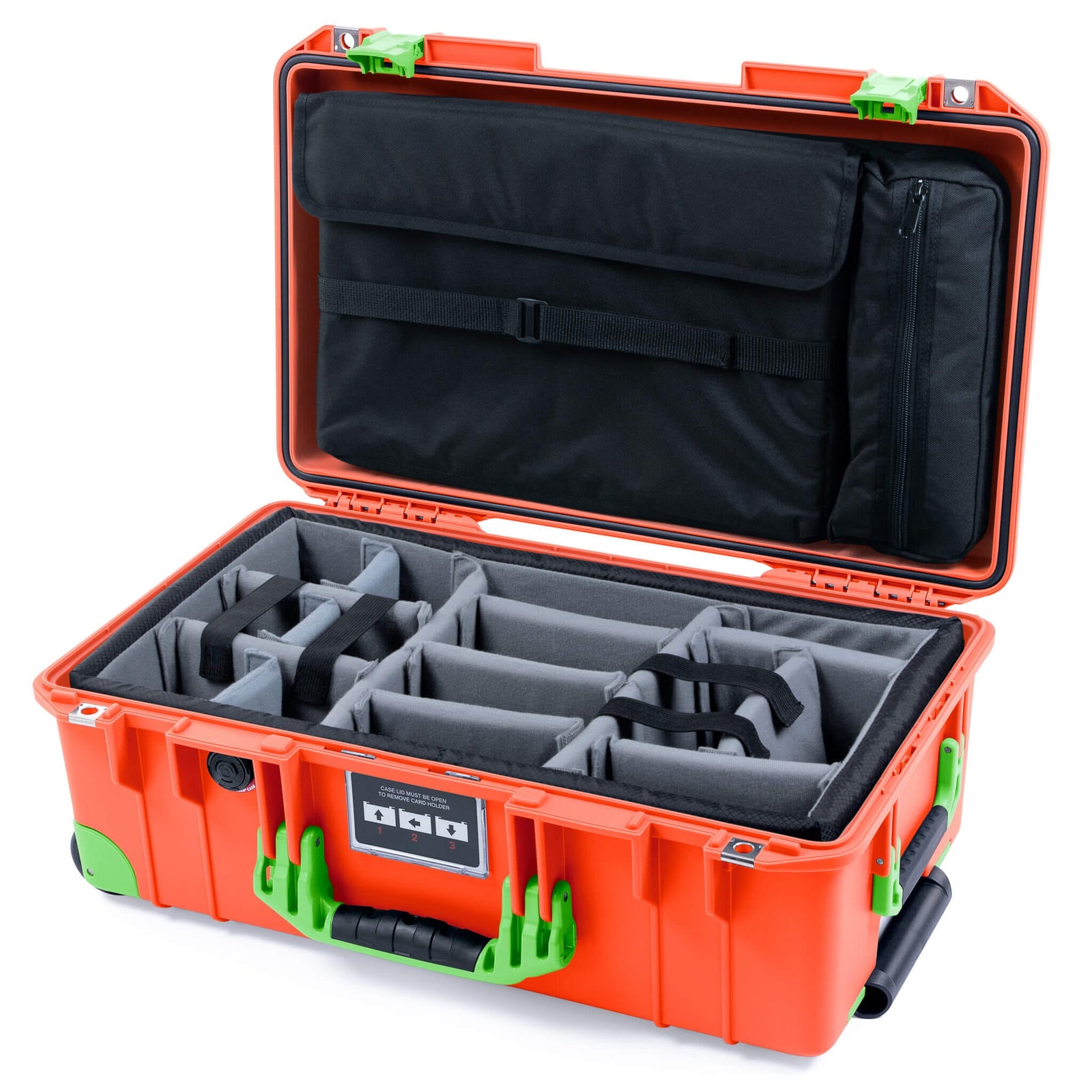 Pelican 1535 Air Case, Orange with Lime Green Handles, Latches & Trolley Gray Padded Microfiber Dividers with Laptop Computer Lid Pouch ColorCase 015350-0270-150-301-300