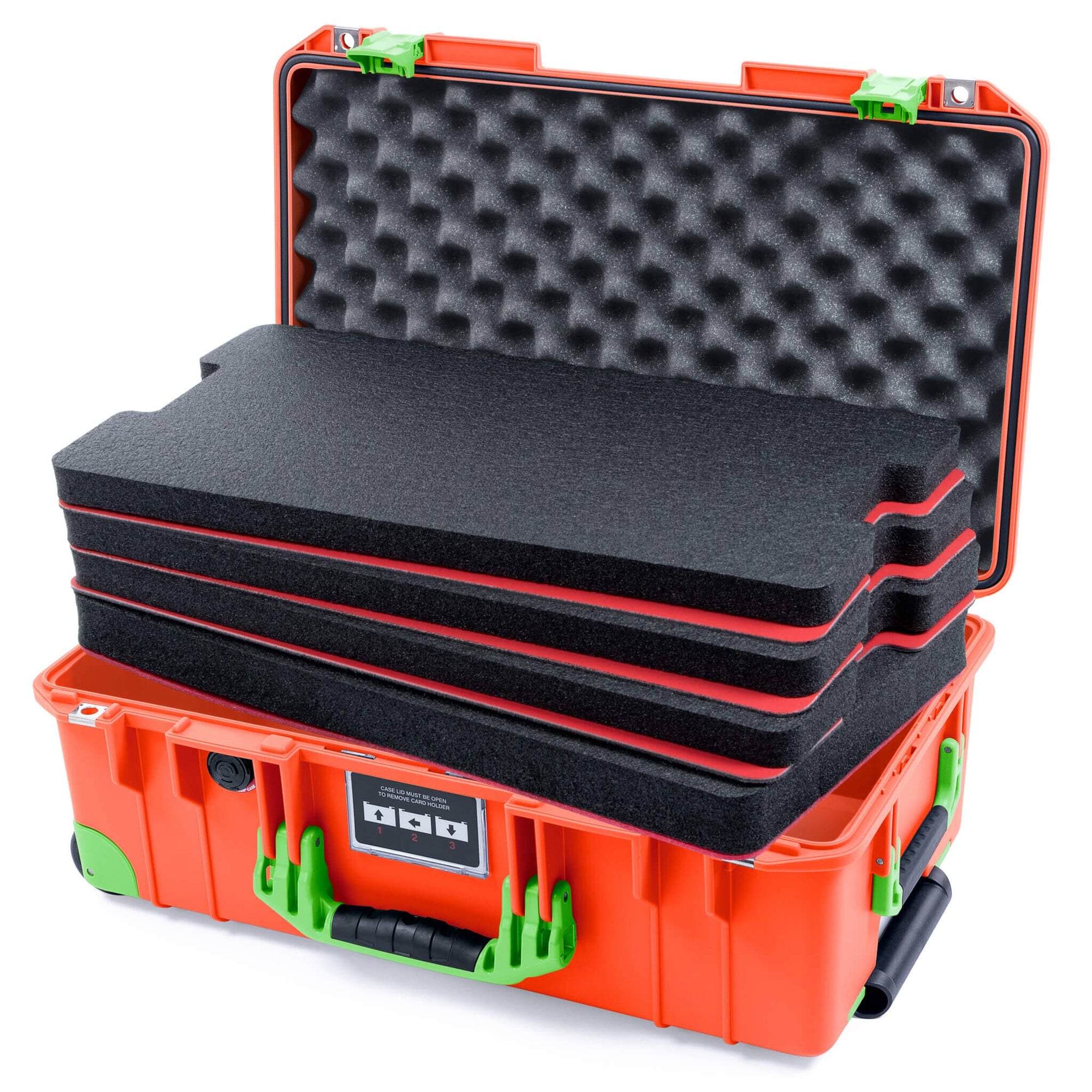 Pelican 1535 Air Case, Orange with Lime Green Handles, Latches & Trolley Custom Tool Kit (4 Foam Inserts with Convolute Lid Foam) ColorCase 015350-0060-150-301-300