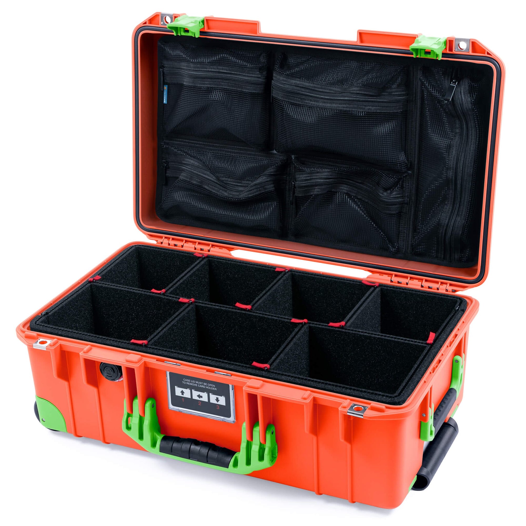 Pelican 1535 Air Case, Orange with Lime Green Handles, Latches & Trolley TrekPak Divider System with Mesh Lid Organizer ColorCase 015350-0120-150-301-300