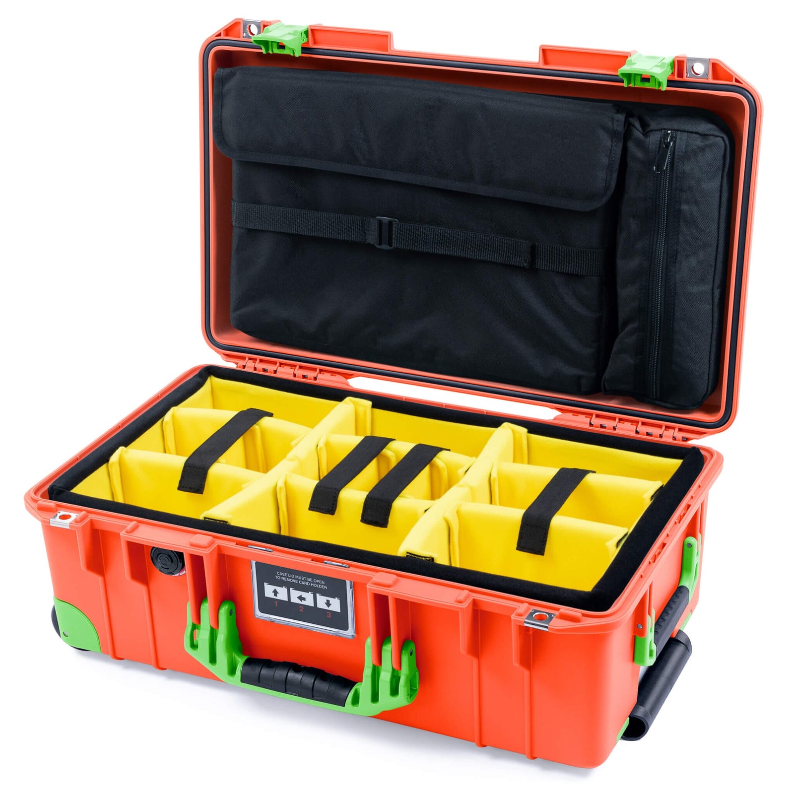Pelican 1535 Air Case, Orange with Lime Green Handles, Latches & Trolley Yellow Padded Microfiber Dividers with Mesh Lid Organizer ColorCase 015350-0110-150-301-300