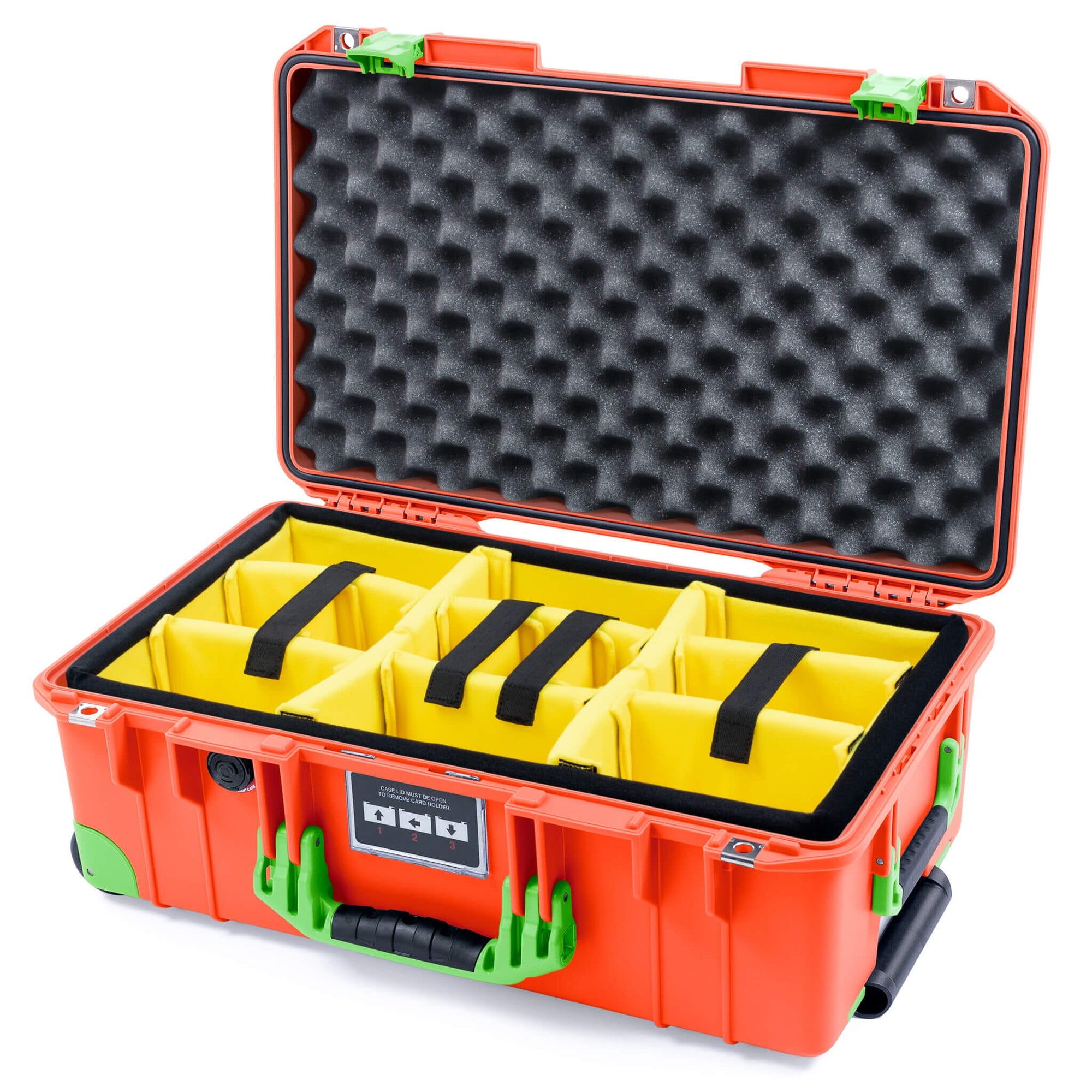 Pelican 1535 Air Case, Orange with Lime Green Handles, Latches & Trolley Yellow Padded Microfiber Dividers with Convoluted Lid Foam ColorCase 015350-0010-150-301-300