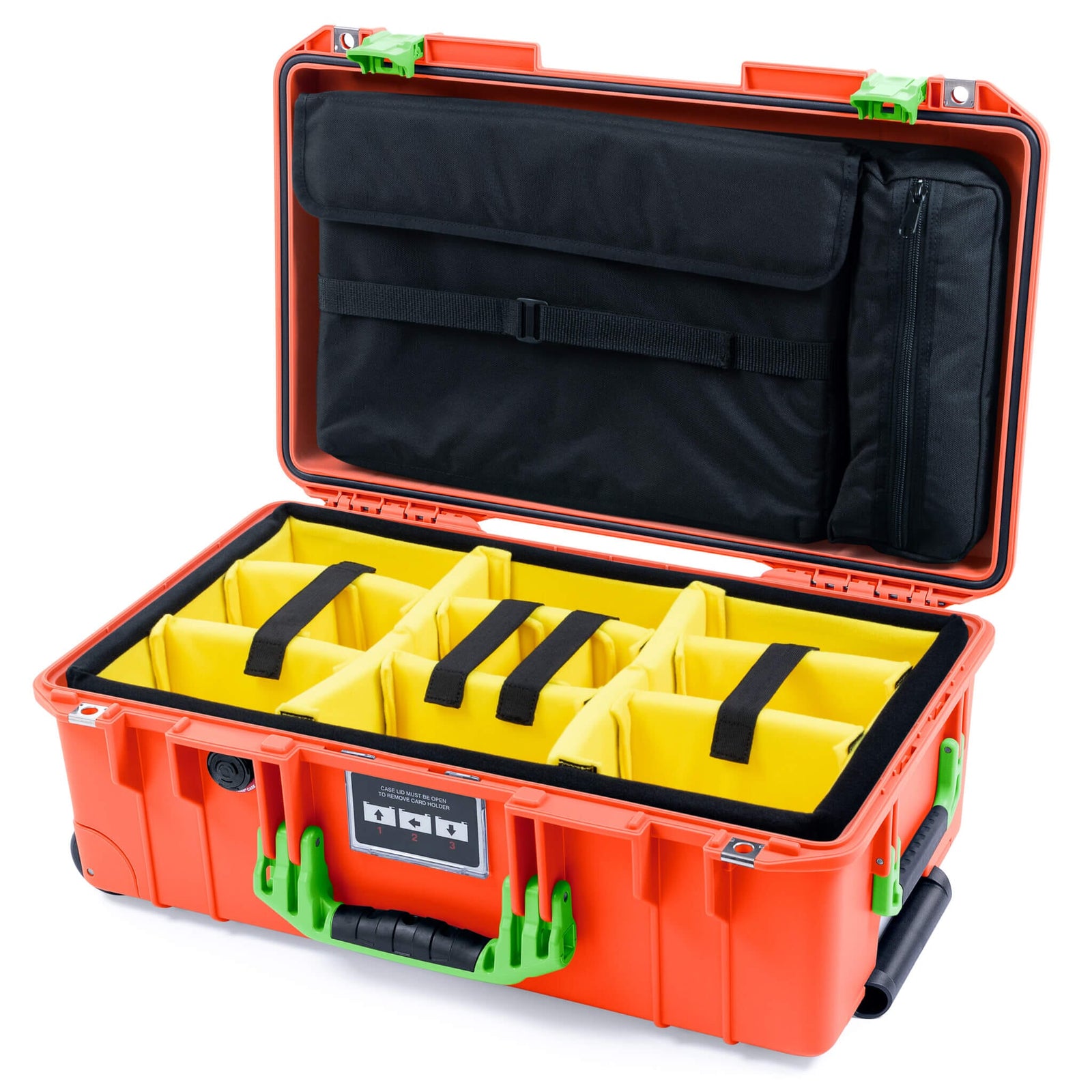 Pelican 1535 Air Case, Orange with Lime Green Handles & Latches Yellow Padded Microfiber Dividers with Laptop Computer Lid Pouch ColorCase 015350-0210-150-301