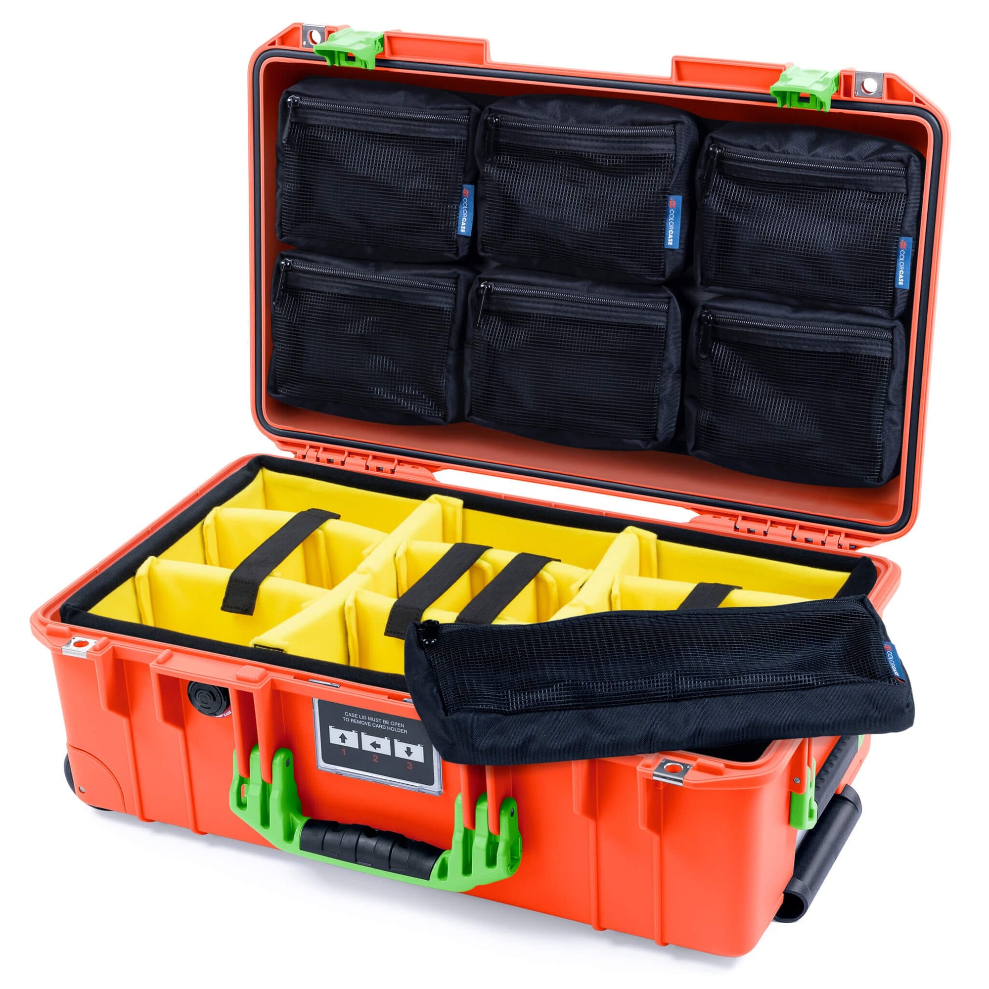 Pelican 1535 Air Case, Orange with Lime Green Handles & Latches Yellow Padded Microfiber Dividers with 7-Piece Removable Mesh Pouches ColorCase 015350-0710-150-301