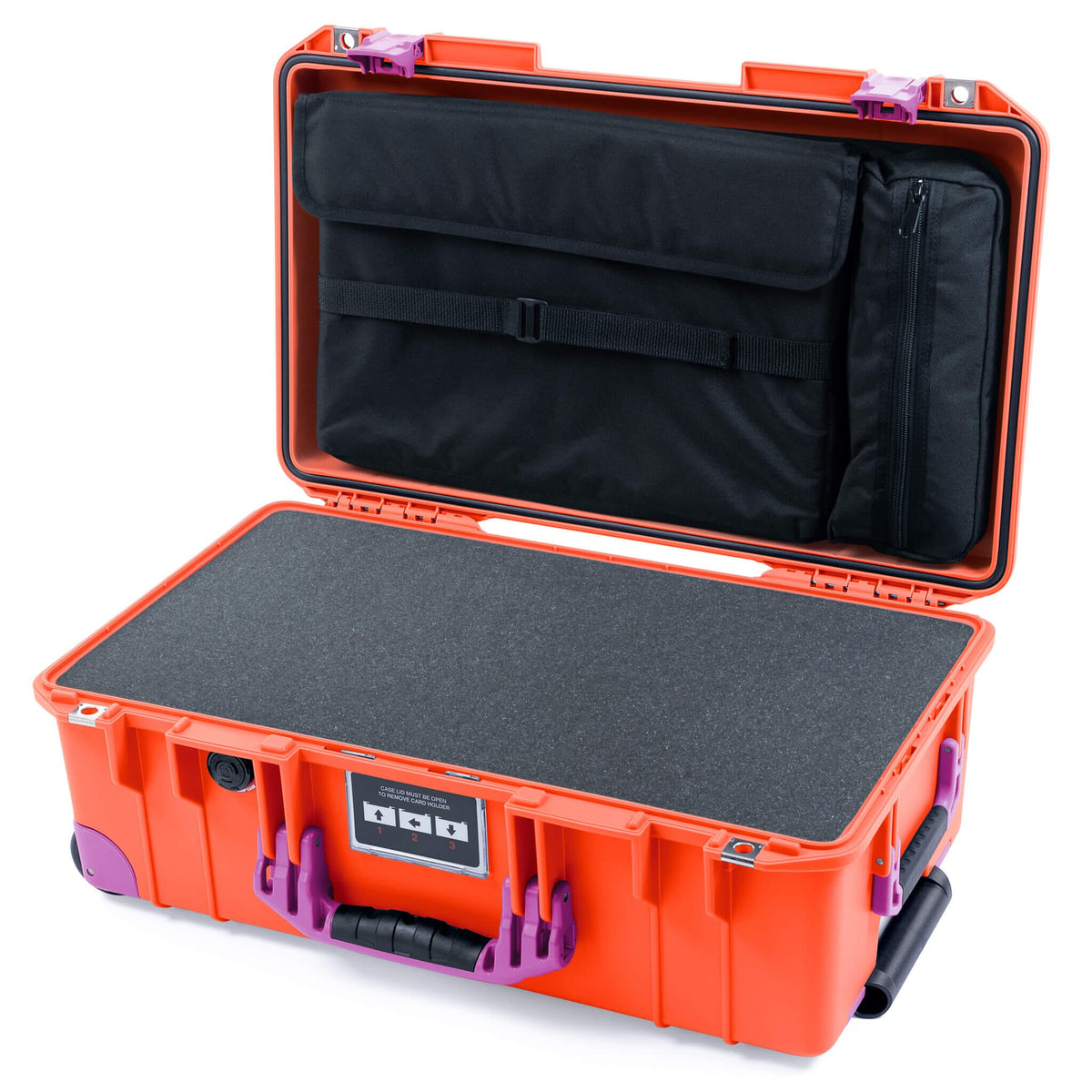 Pelican 1535 Air Case, Orange with Magenta Handles, Latches &amp; Trolley Pick &amp; Pluck Foam with Laptop Computer Lid Pouch ColorCase 015350-0201-150-401-400