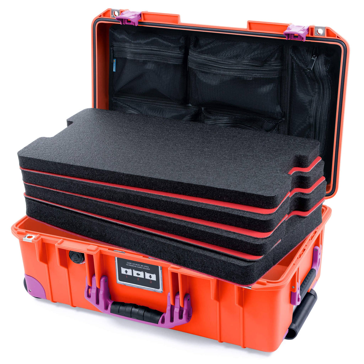 Pelican 1535 Air Case, Orange with Magenta Handles, Latches &amp; Trolley Custom Tool Kit (4 Foam Inserts with Mesh Lid Organizer) ColorCase 015350-0160-150-401-400