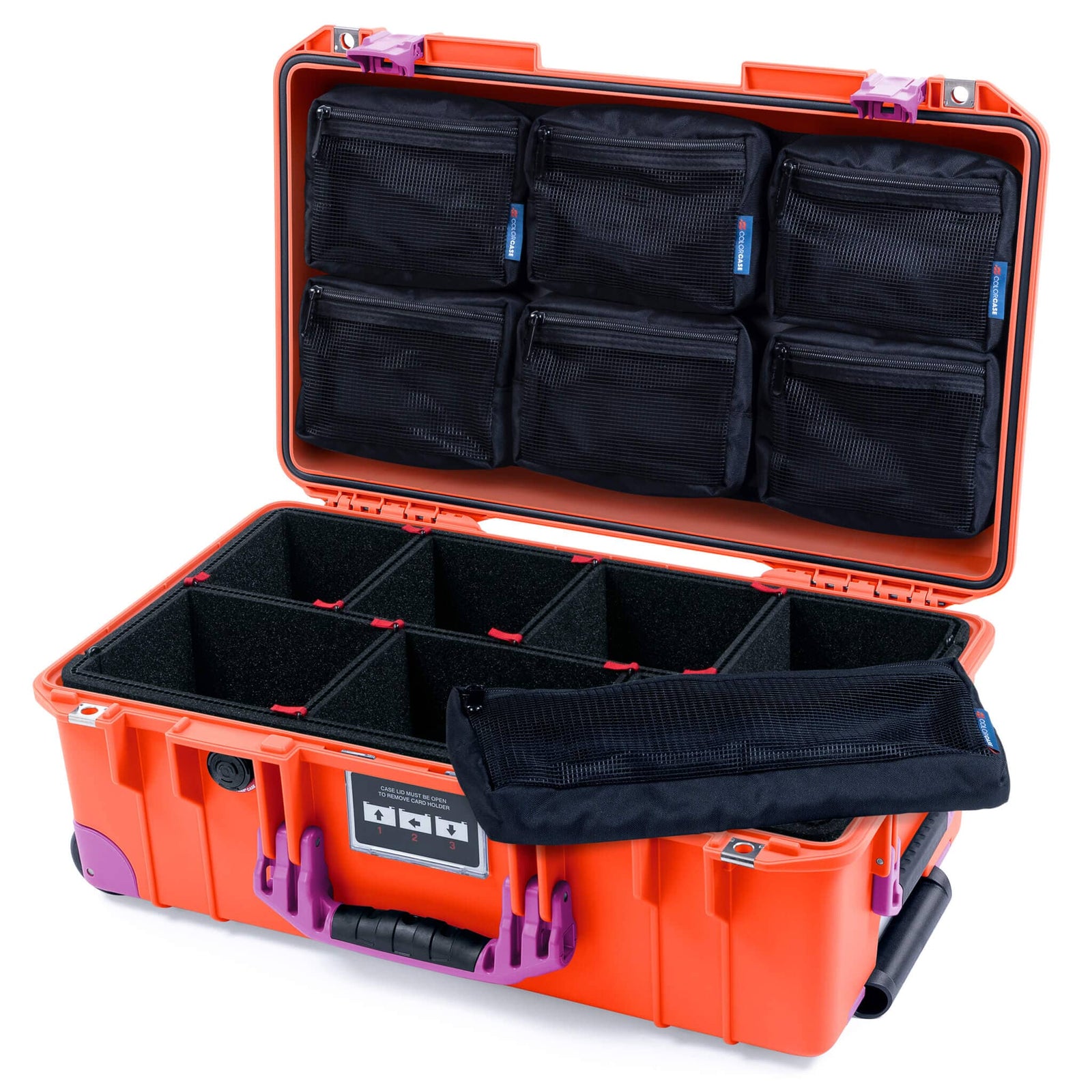 Pelican 1535 Air Case, Orange with Magenta Handles, Latches & Trolley TrekPak Divider System with 7-Piece Removable Mesh Pouches ColorCase 015350-0720-150-401-400