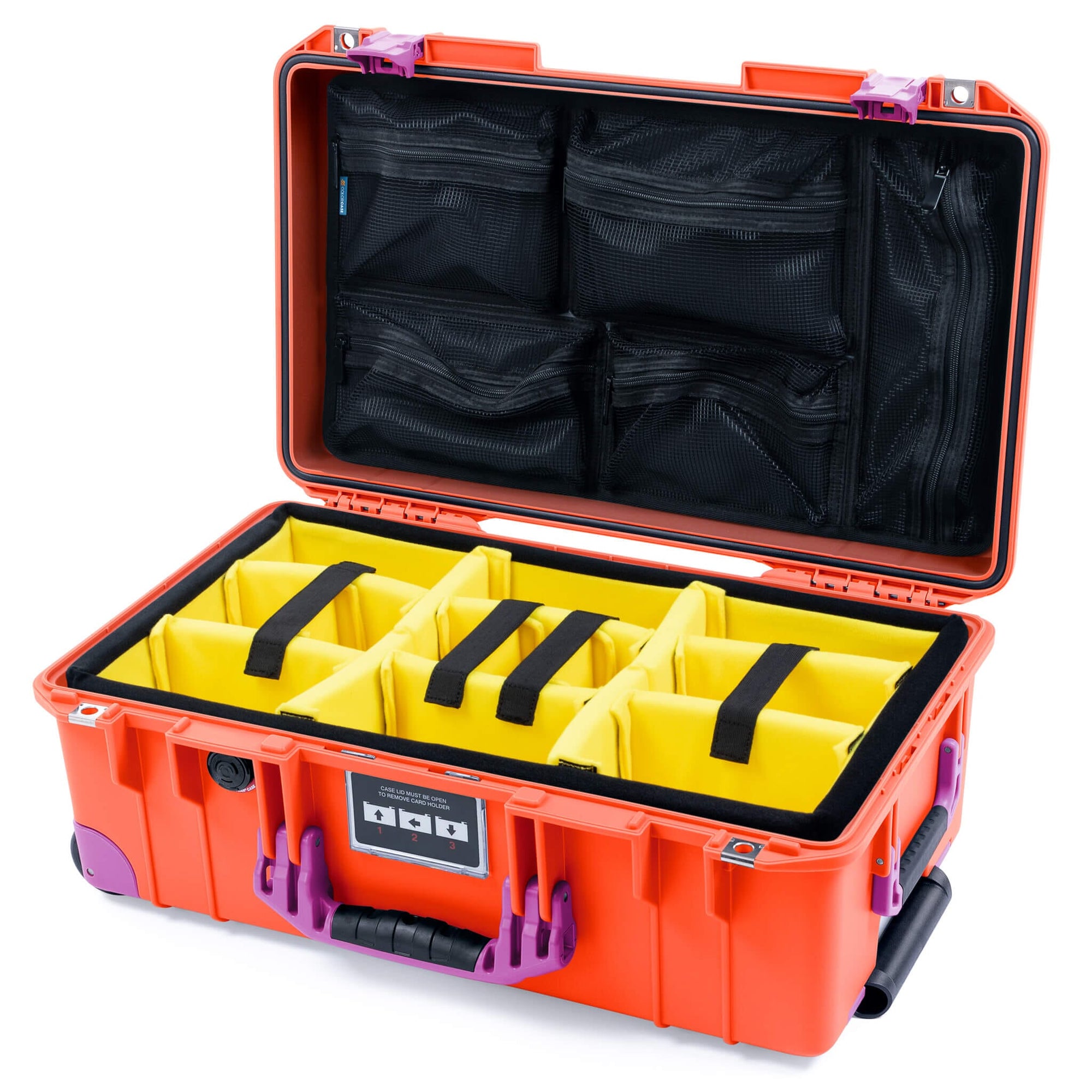Pelican 1535 Air Case, Orange with Magenta Handles, Latches & Trolley Yellow Padded Microfiber Dividers with Mesh Lid Organizer ColorCase 015350-0110-150-401-400