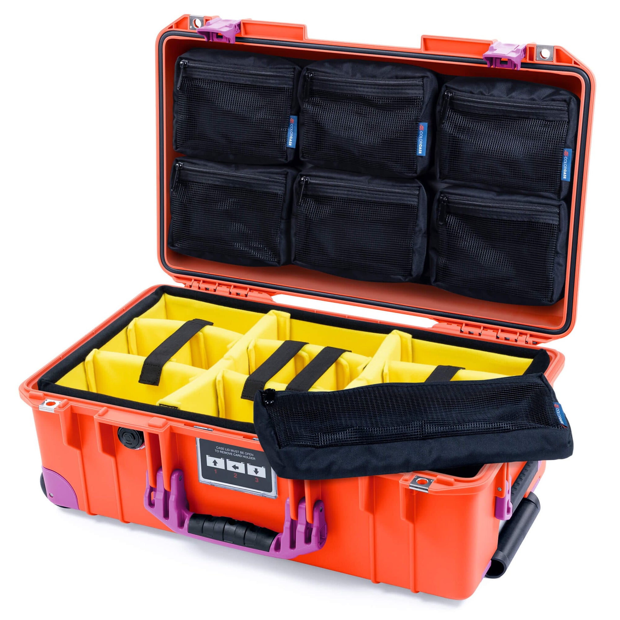 Pelican 1535 Air Case, Orange with Magenta Handles, Latches & Trolley Yellow Padded Microfiber Dividers with 7-Piece Removable Mesh Pouches ColorCase 015350-0710-150-401-400