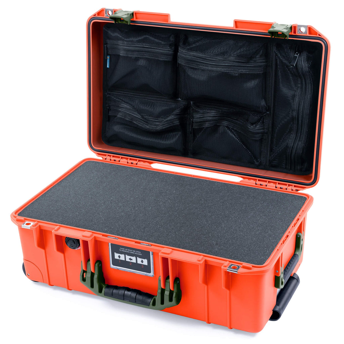 Pelican 1535 Air Case, Orange with OD Green Handles &amp; Latches Pick &amp; Pluck Foam with Mesh Lid Organizer ColorCase 015350-0101-150-131
