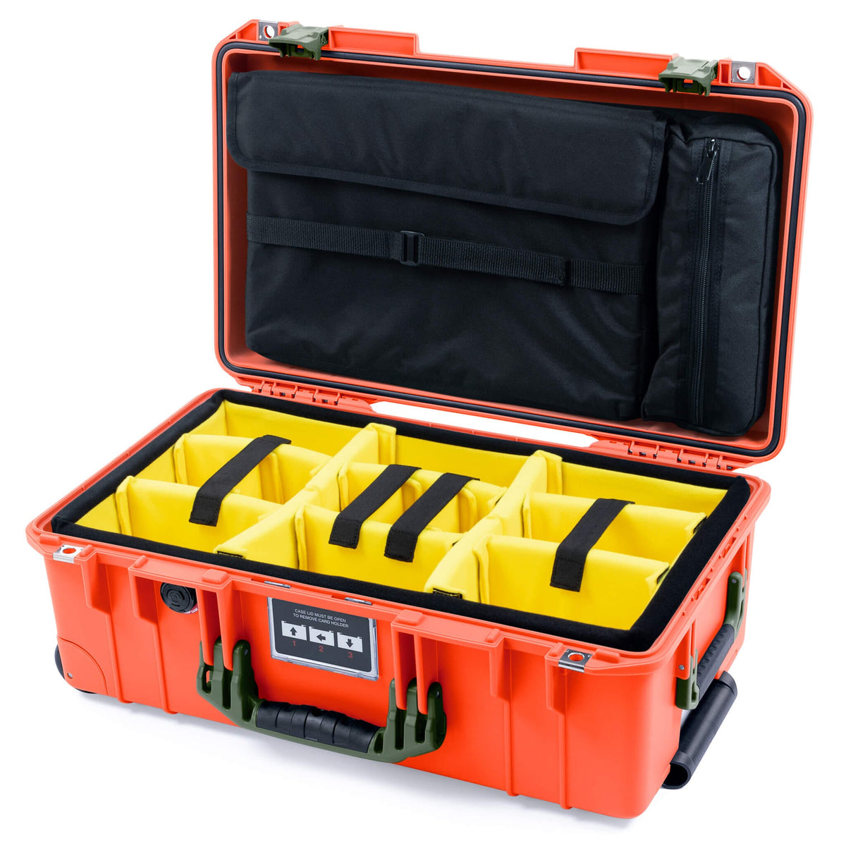 Pelican 1535 Air Case, Orange with OD Green Handles &amp; Latches Yellow Padded Microfiber Dividers with Laptop Computer Lid Pouch ColorCase 015350-0210-150-131