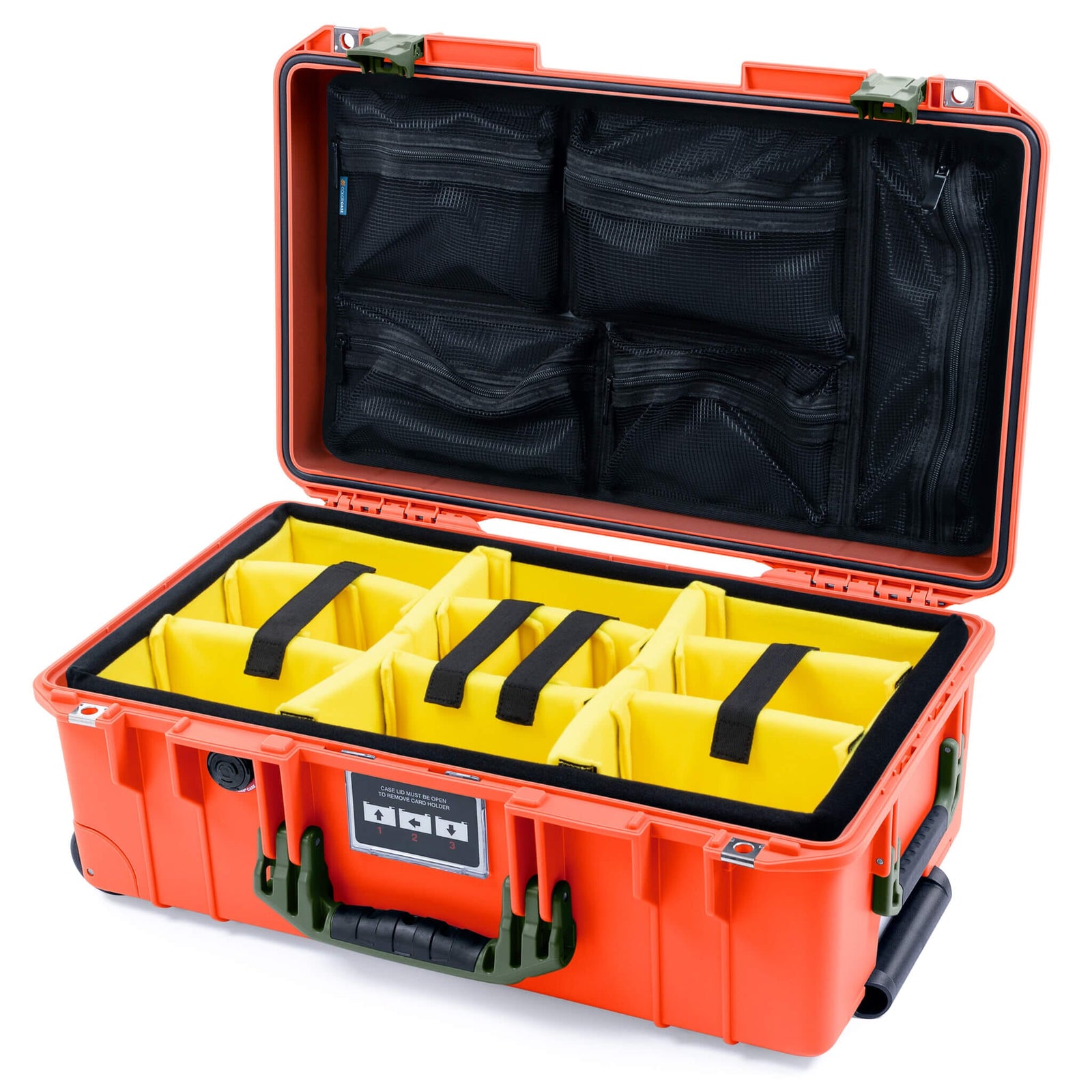 Pelican 1535 Air Case, Orange with OD Green Handles & Latches Yellow Padded Microfiber Dividers with Mesh Lid Organizer ColorCase 015350-0110-150-131