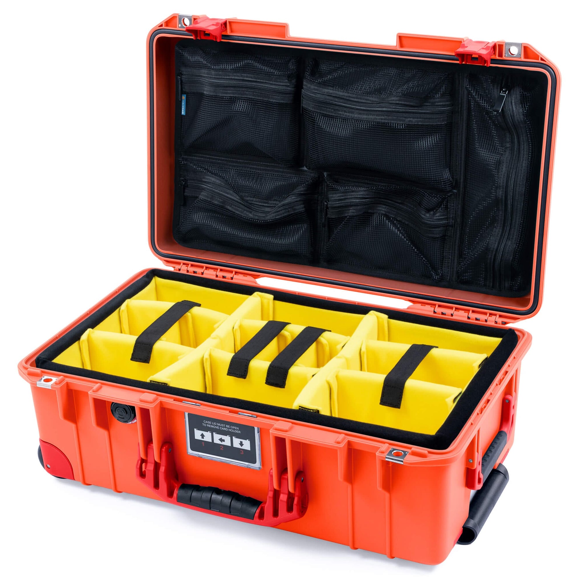 Pelican 1535 Air Case, Orange with Red Handles, Latches & Trolley Yellow Padded Microfiber Dividers with Mesh Lid Organizer ColorCase 015350-0110-150-321-320