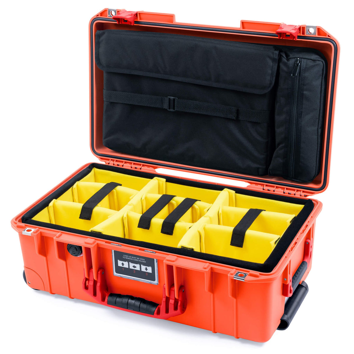 Pelican 1535 Air Case, Orange with Red Handles &amp; Latches Yellow Padded Microfiber Dividers with Laptop Computer Lid Pouch ColorCase 015350-0210-150-321
