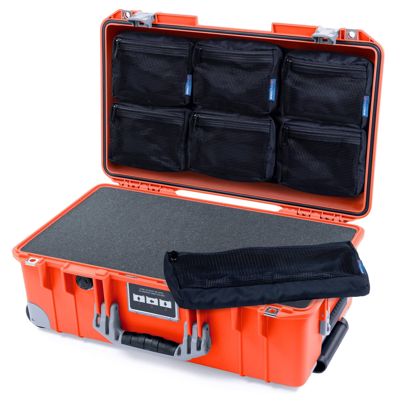 Pelican 1535 Air Case, Orange with Silver Handles, Latches & Trolley Pick & Pluck Foam with 7-Piece Removable Mesh Pouches ColorCase 015350-0701-150-181-180