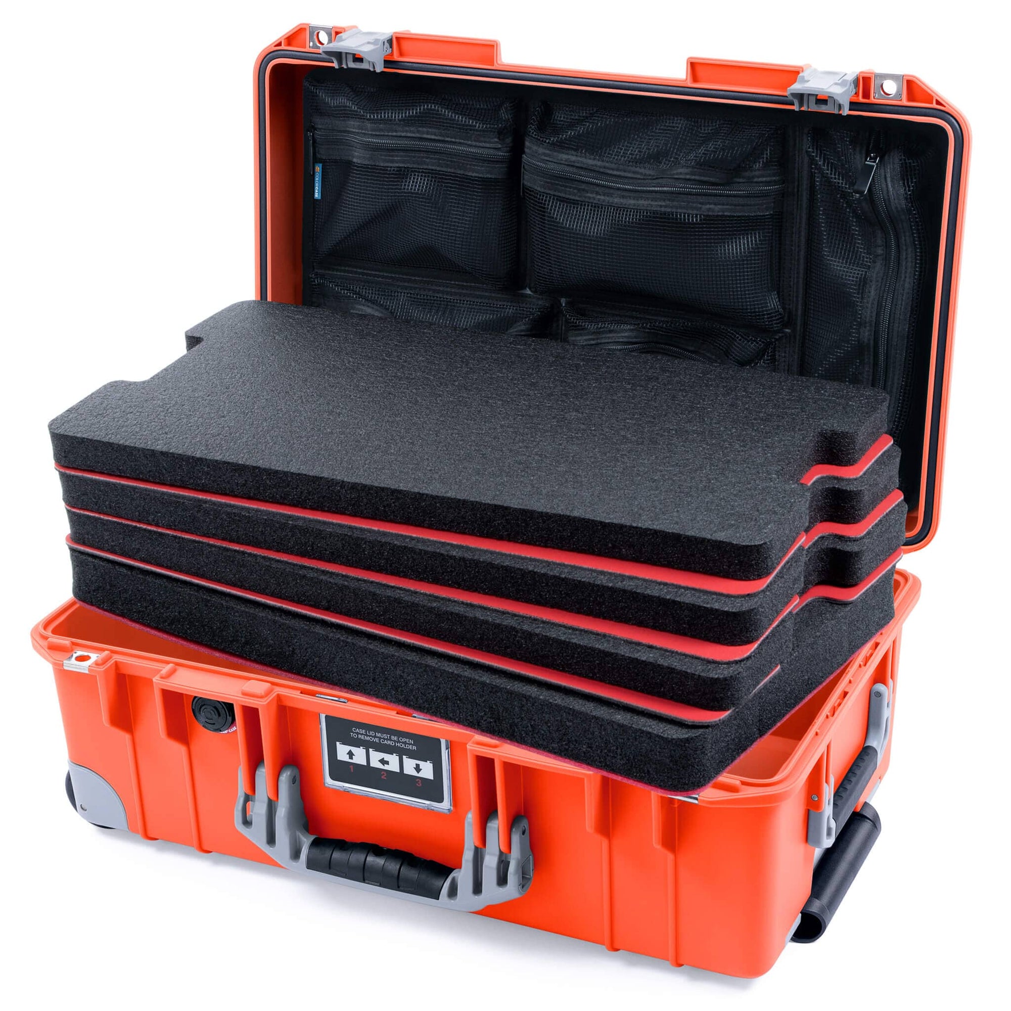 Pelican 1535 Air Case, Orange with Silver Handles, Latches & Trolley Custom Tool Kit (4 Foam Inserts with Mesh Lid Organizer) ColorCase 015350-0160-150-181-180