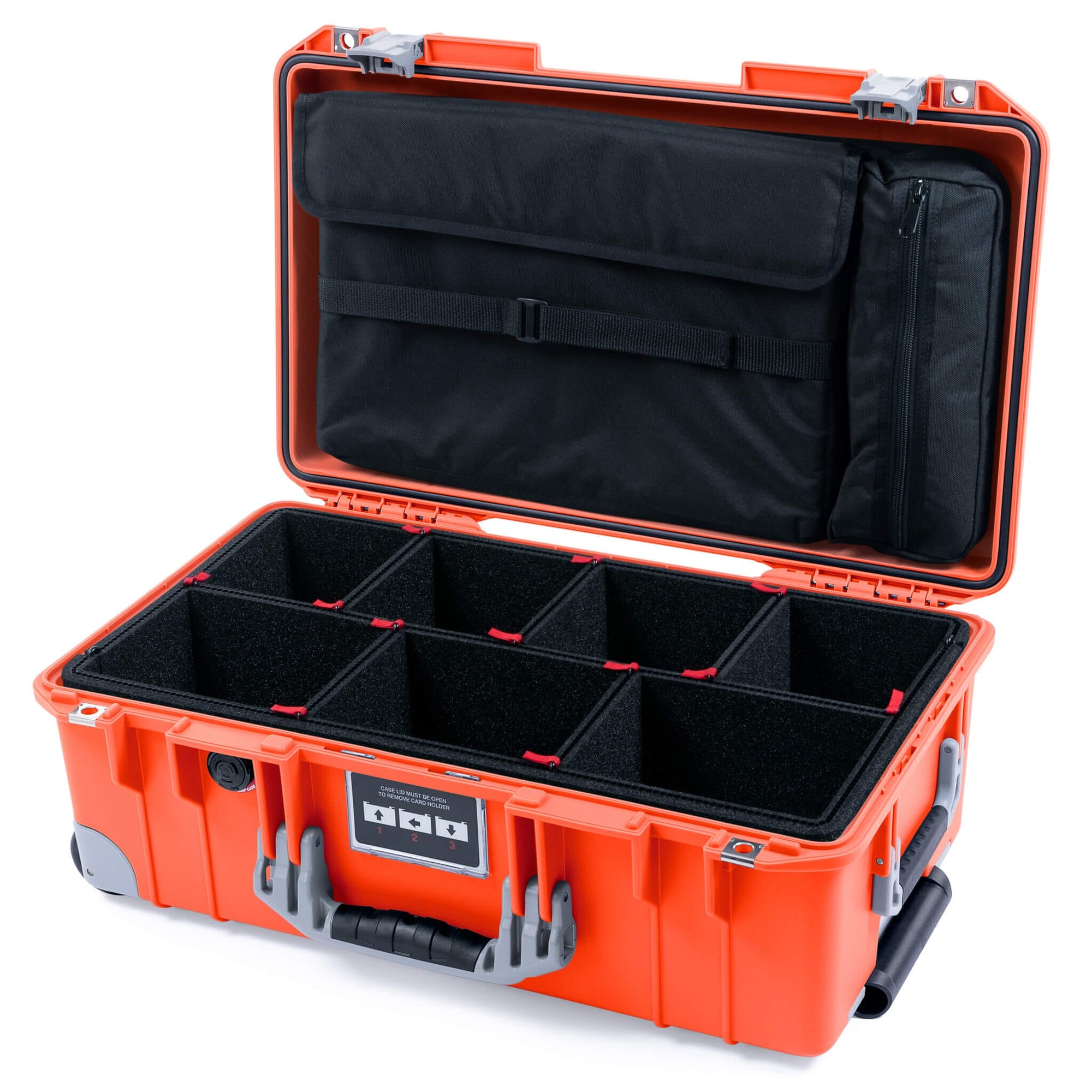 Pelican 1535 Air Case, Orange with Silver Handles, Latches & Trolley TrekPak Divider System with Laptop Computer Lid Pouch ColorCase 015350-0220-150-181-180