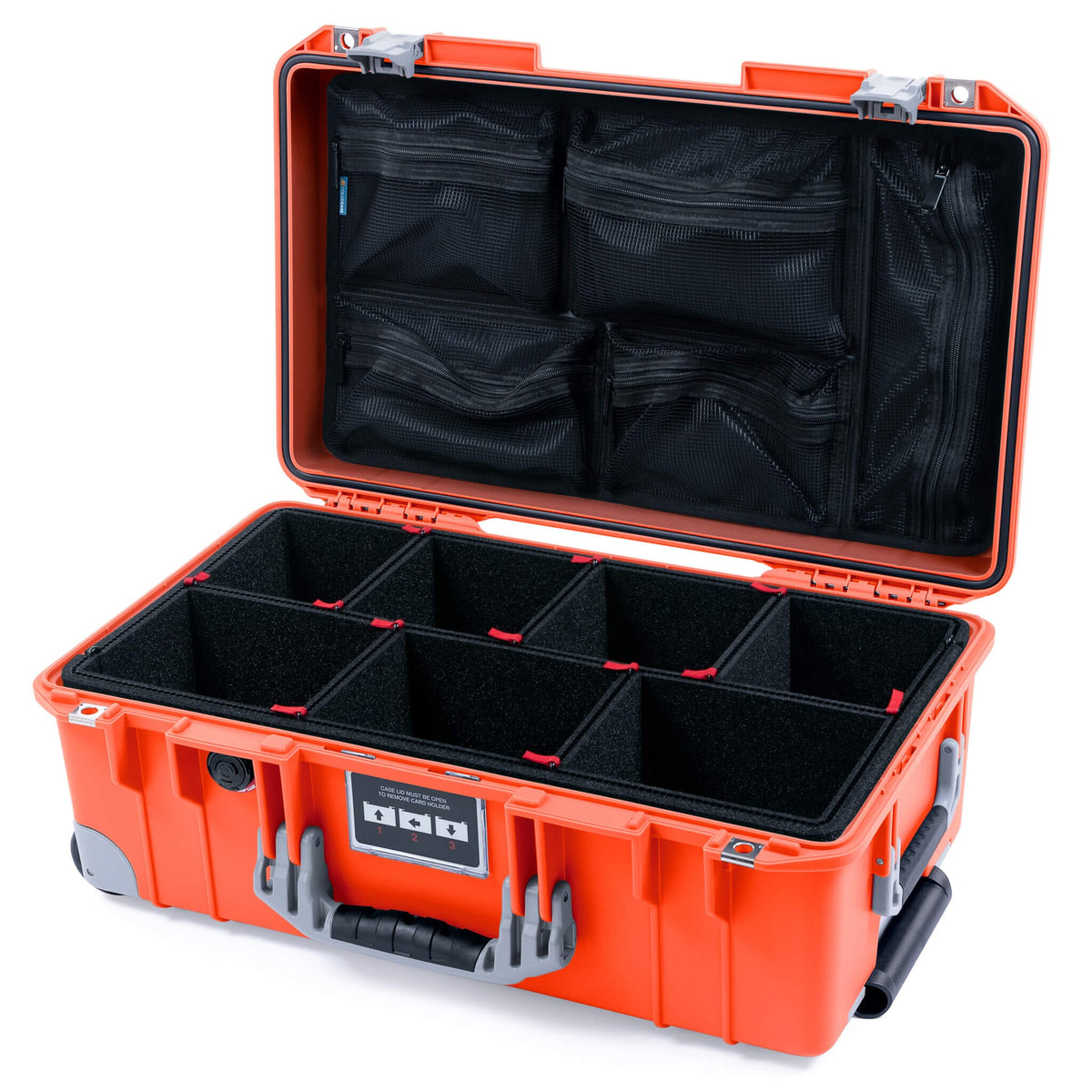 Pelican 1535 Air Case, Orange with Silver Handles, Latches &amp; Trolley TrekPak Divider System with Mesh Lid Organizer ColorCase 015350-0120-150-181-180