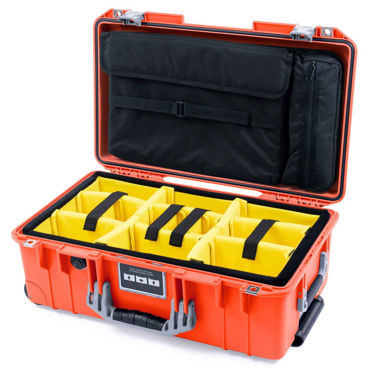 Pelican 1535 Air Case, Orange with Silver Handles &amp; Latches Yellow Padded Microfiber Dividers with Laptop Computer Lid Pouch ColorCase 015350-0210-150-181