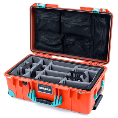 Pelican 1535 Air Case, Orange with Teal Handles, Latches & Trolley Gray Padded Microfiber Dividers with Mesh Lid Organizer ColorCase 015350-0170-150-591-590