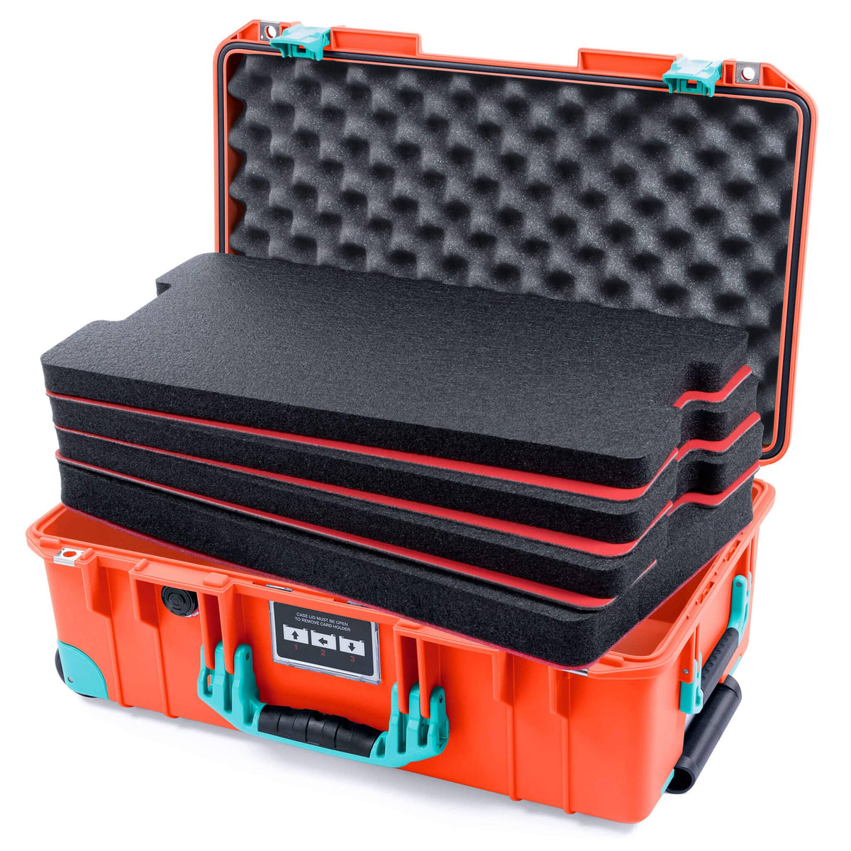 Pelican 1535 Air Case, Orange with Teal Handles, Latches &amp; Trolley Custom Tool Kit (4 Foam Inserts with Convolute Lid Foam) ColorCase 015350-0060-150-591-590