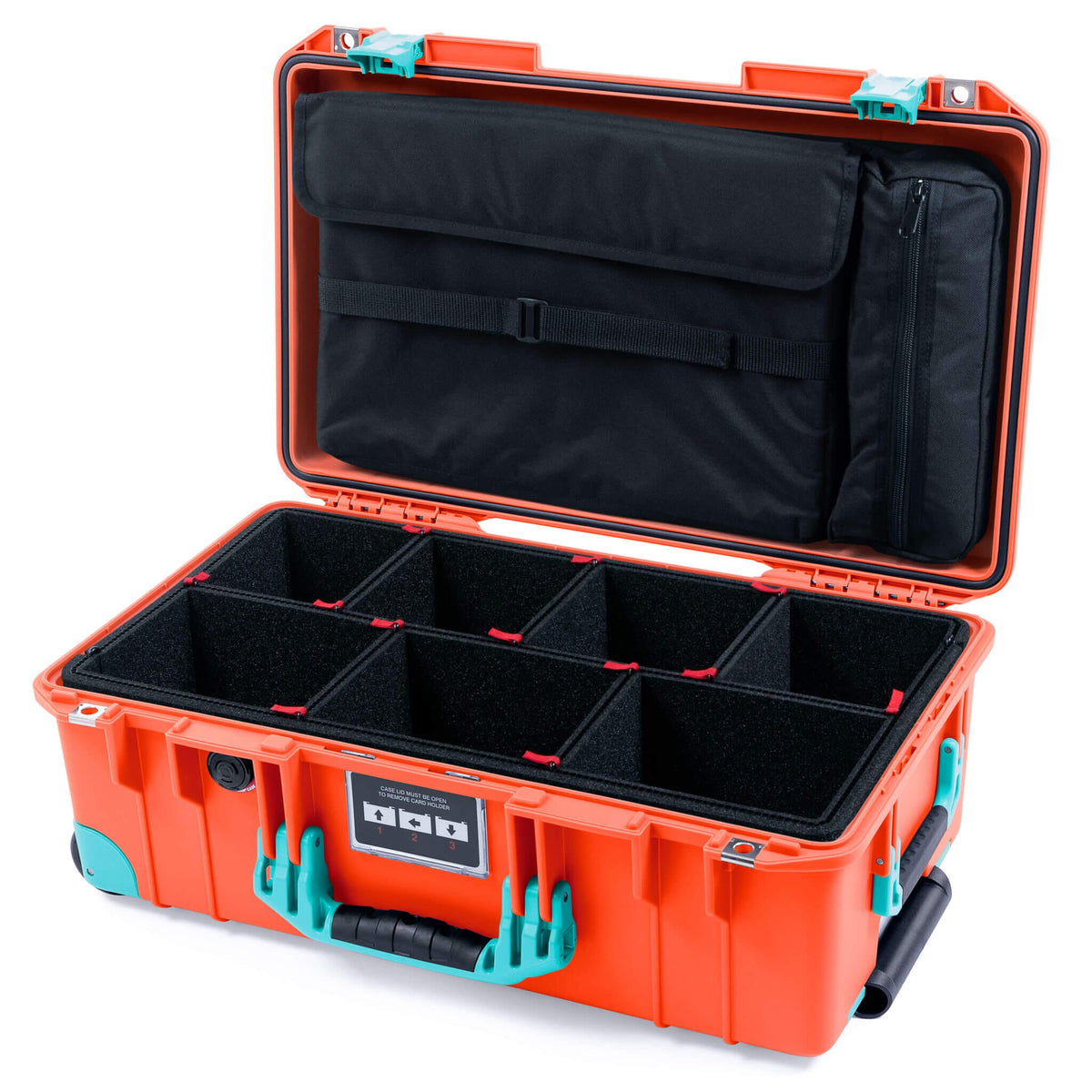 Pelican 1535 Air Case, Orange with Teal Handles, Latches &amp; Trolley TrekPak Divider System with Laptop Computer Lid Pouch ColorCase 015350-0220-150-591-590