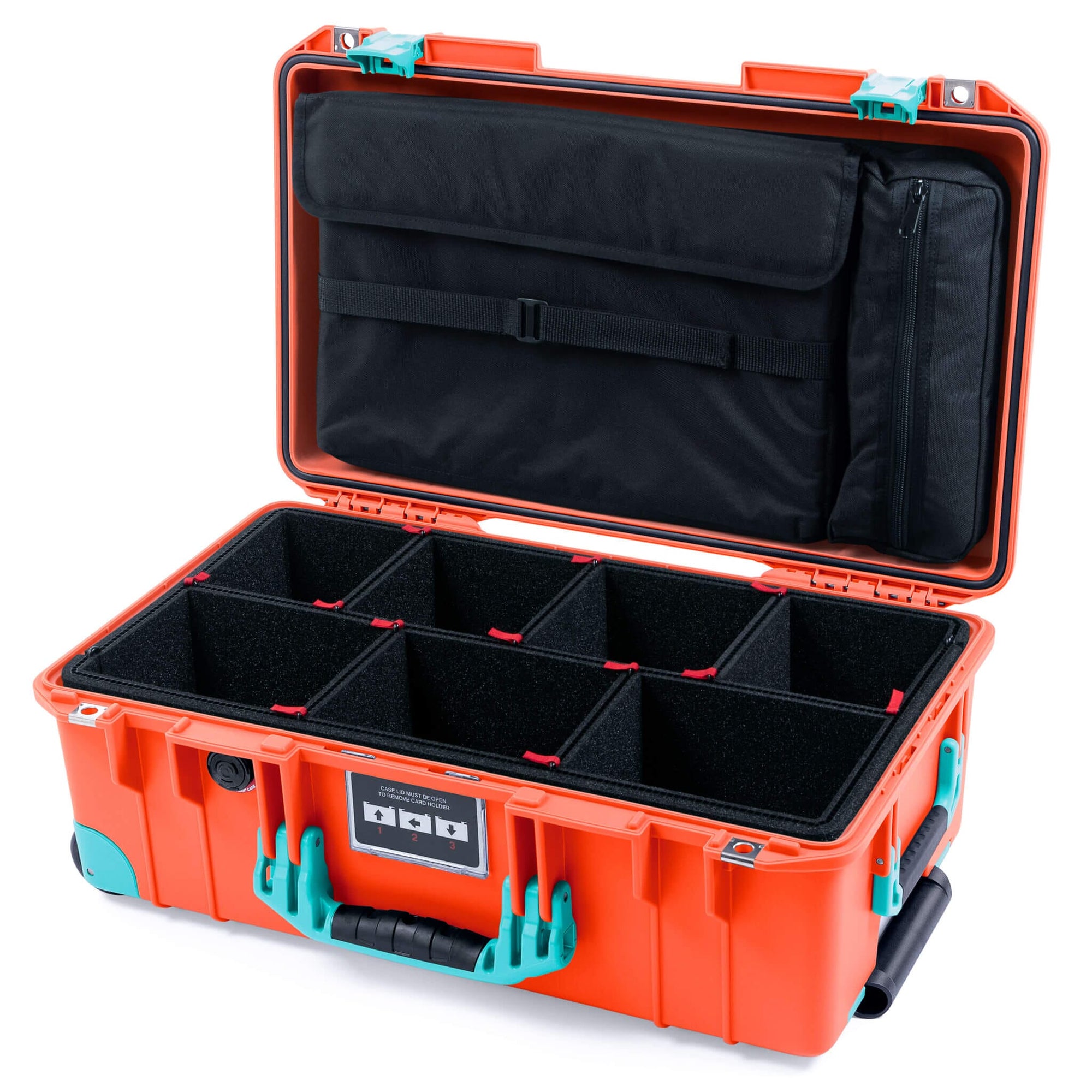 Pelican 1535 Air Case, Orange with Teal Handles, Latches & Trolley TrekPak Divider System with Laptop Computer Lid Pouch ColorCase 015350-0220-150-591-590