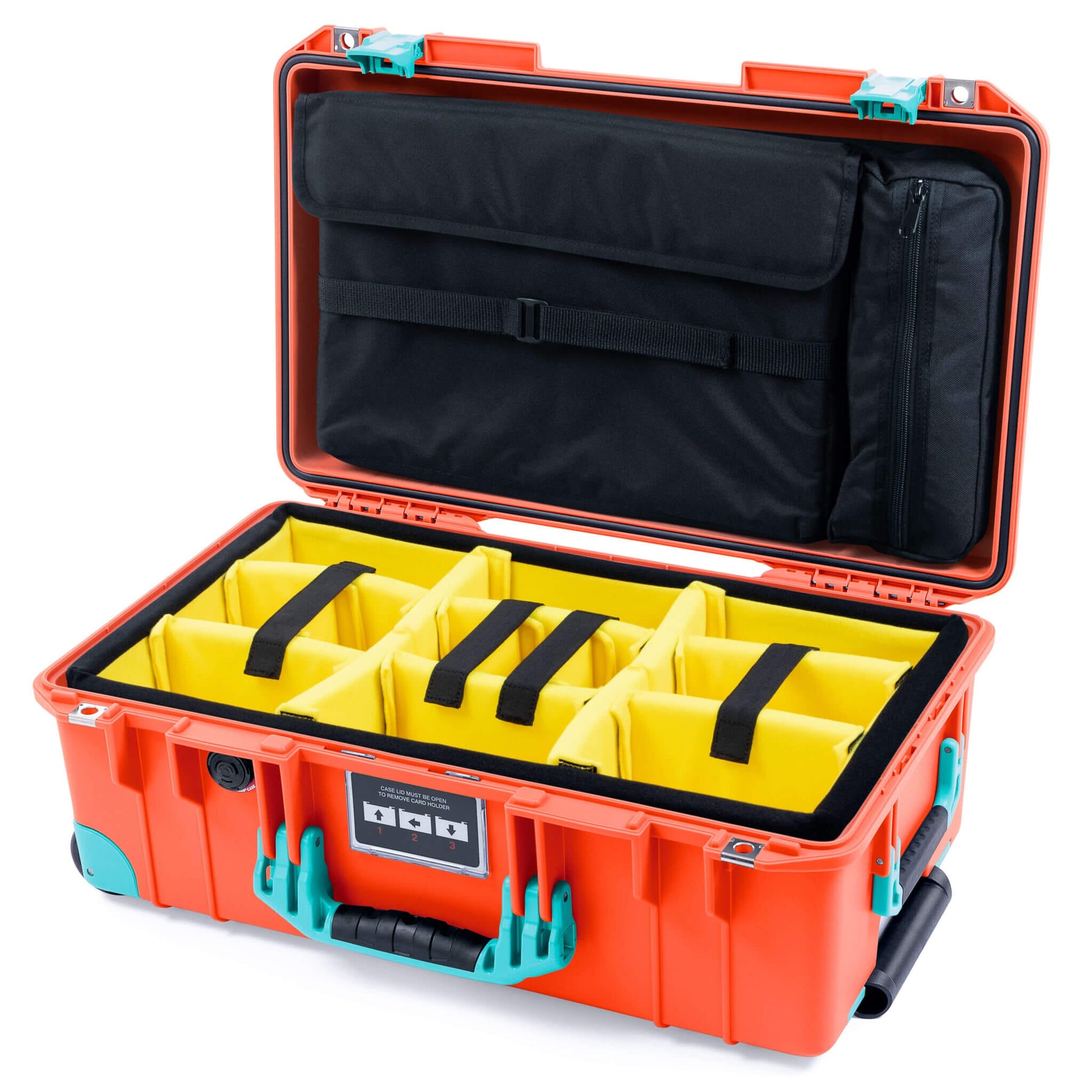Pelican 1535 Air Case, Orange with Teal Handles, Latches & Trolley Yellow Padded Microfiber Dividers with Laptop Computer Lid Pouch ColorCase 015350-0210-150-591-590