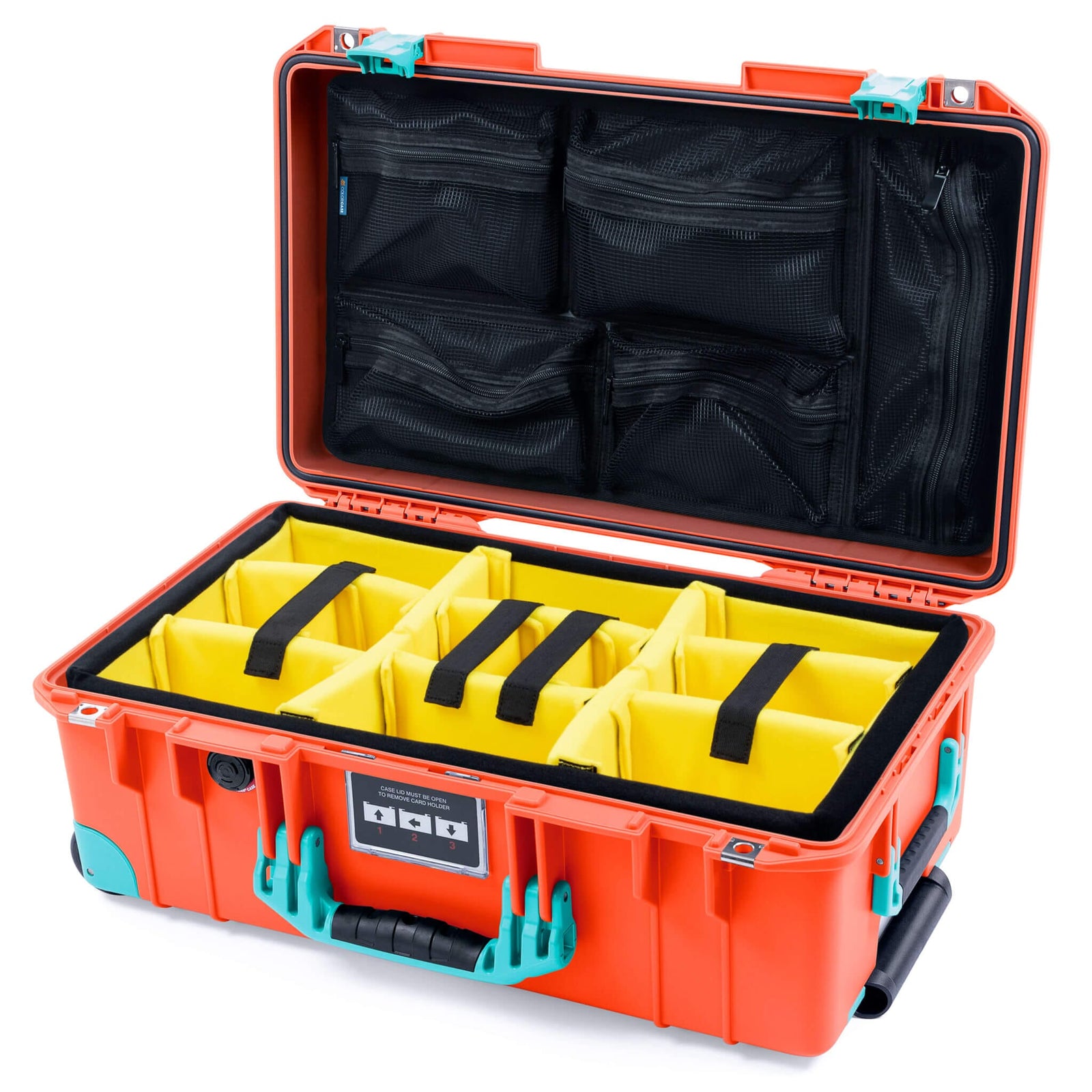 Pelican 1535 Air Case, Orange with Teal Handles, Latches & Trolley Yellow Padded Microfiber Dividers with Mesh Lid Organizer ColorCase 015350-0110-150-591-590
