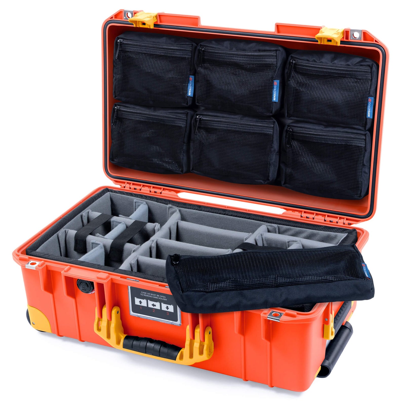 Pelican 1535 Air Case, Orange with Yellow Handles, Latches & Trolley Gray Padded Microfiber Dividers with 7-Piece Removable Mesh Pouches ColorCase 015350-0770-150-241-240