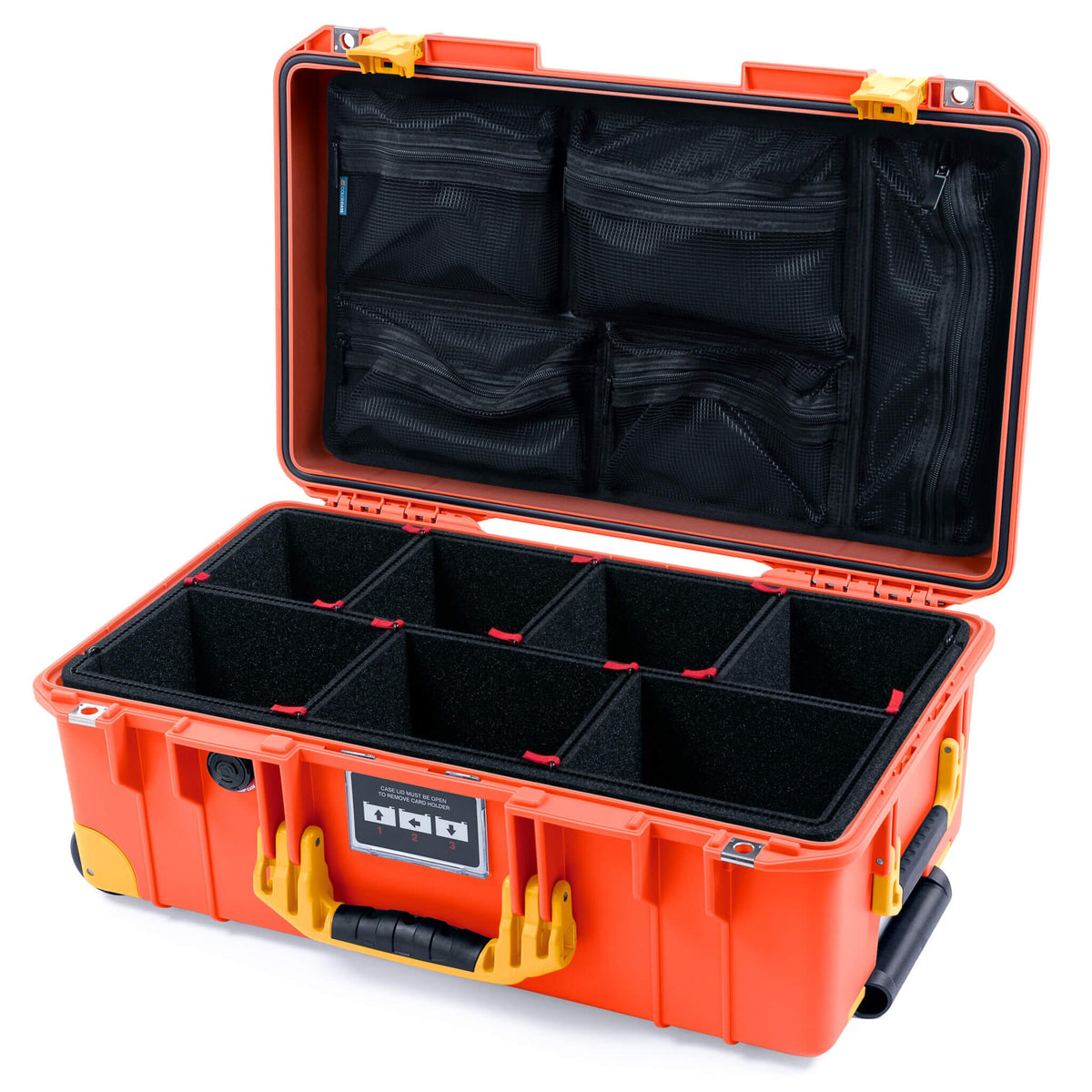 Pelican 1535 Air Case, Orange with Yellow Handles, Latches &amp; Trolley TrekPak Divider System with Mesh Lid Organizer ColorCase 015350-0120-150-241-240