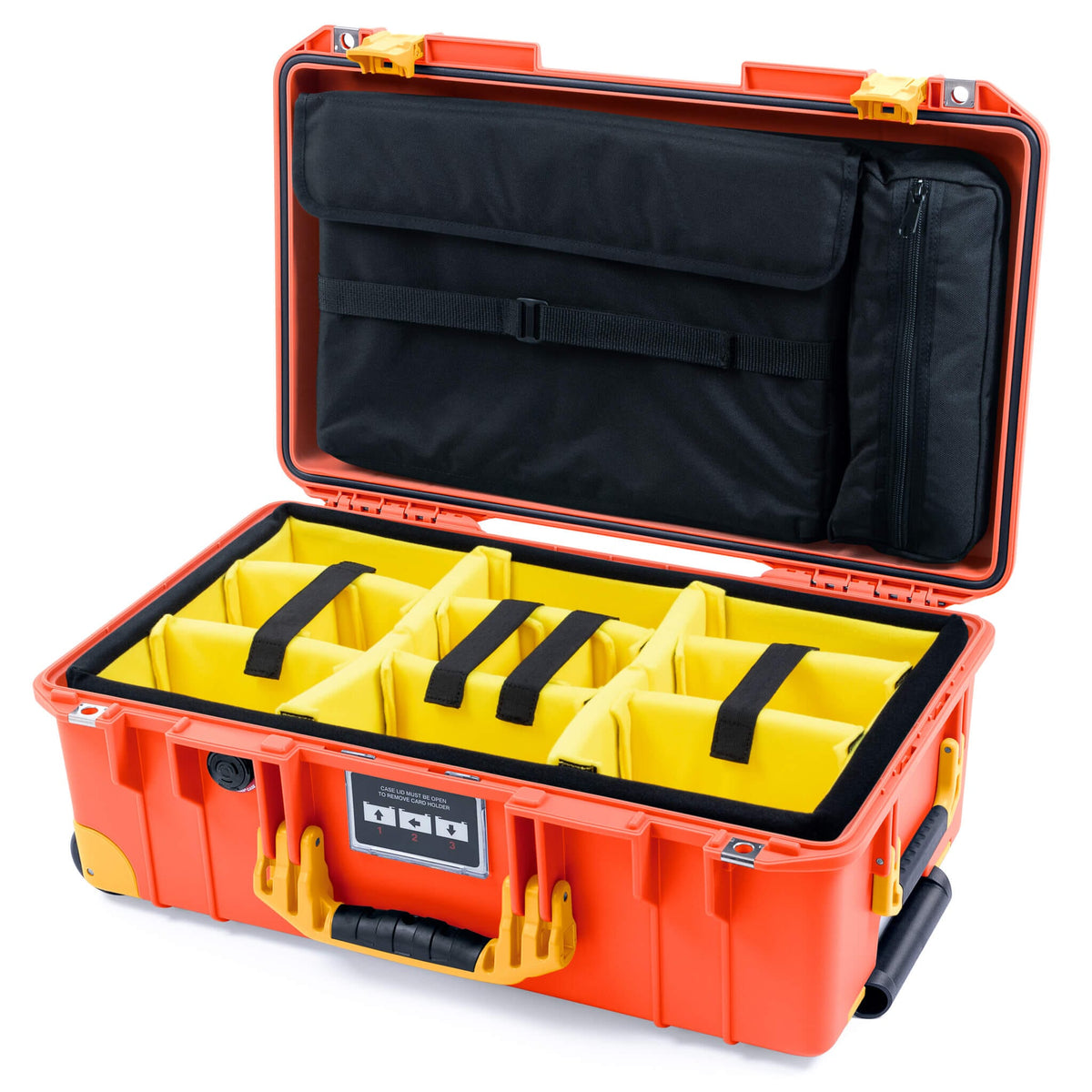 Pelican 1535 Air Case, Orange with Yellow Handles, Latches &amp; Trolley Yellow Padded Microfiber Dividers with Laptop Computer Lid Pouch ColorCase 015350-0210-150-241-240