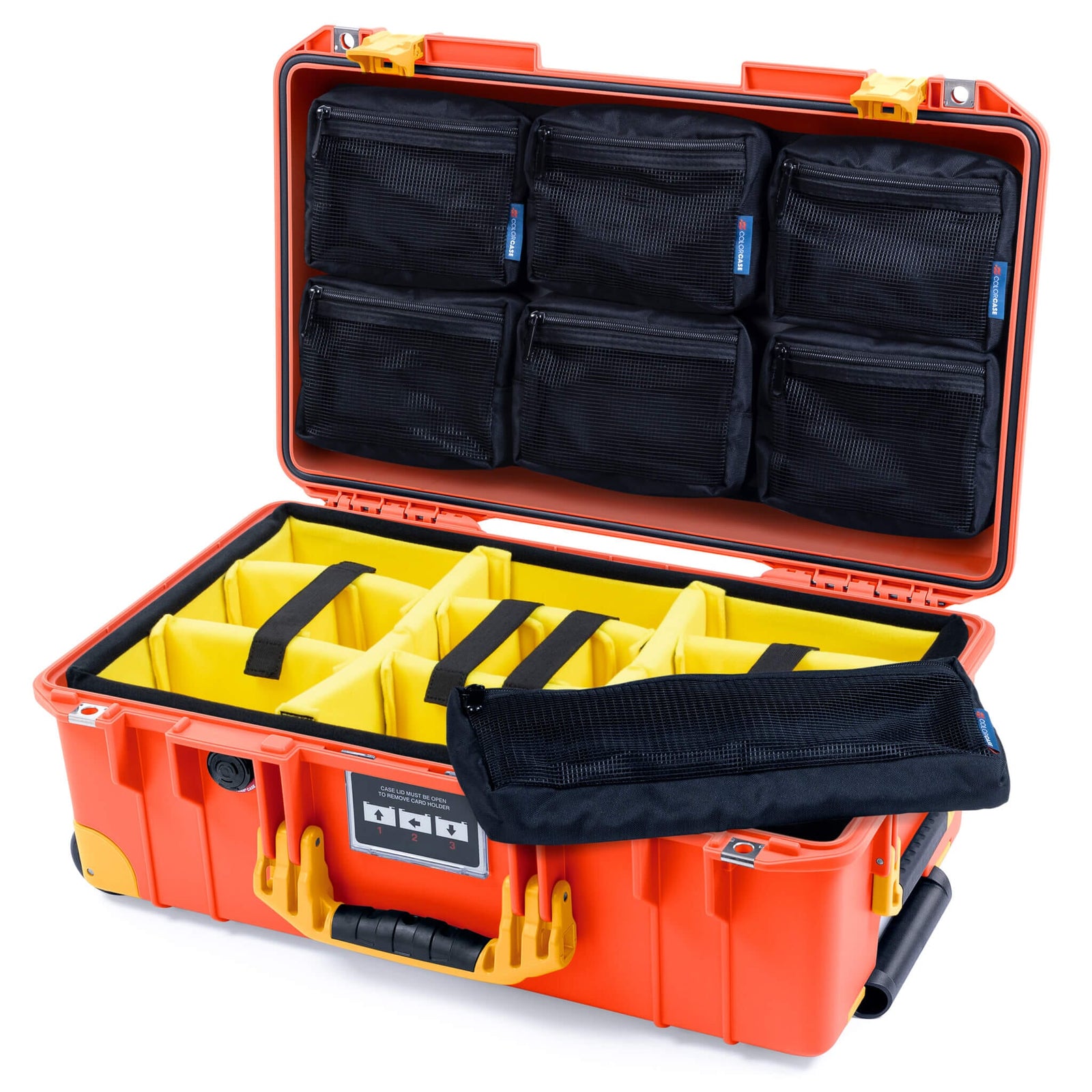 Pelican 1535 Air Case, Orange with Yellow Handles, Latches & Trolley Yellow Padded Microfiber Dividers with 7-Piece Removable Mesh Pouches ColorCase 015350-0710-150-241-240