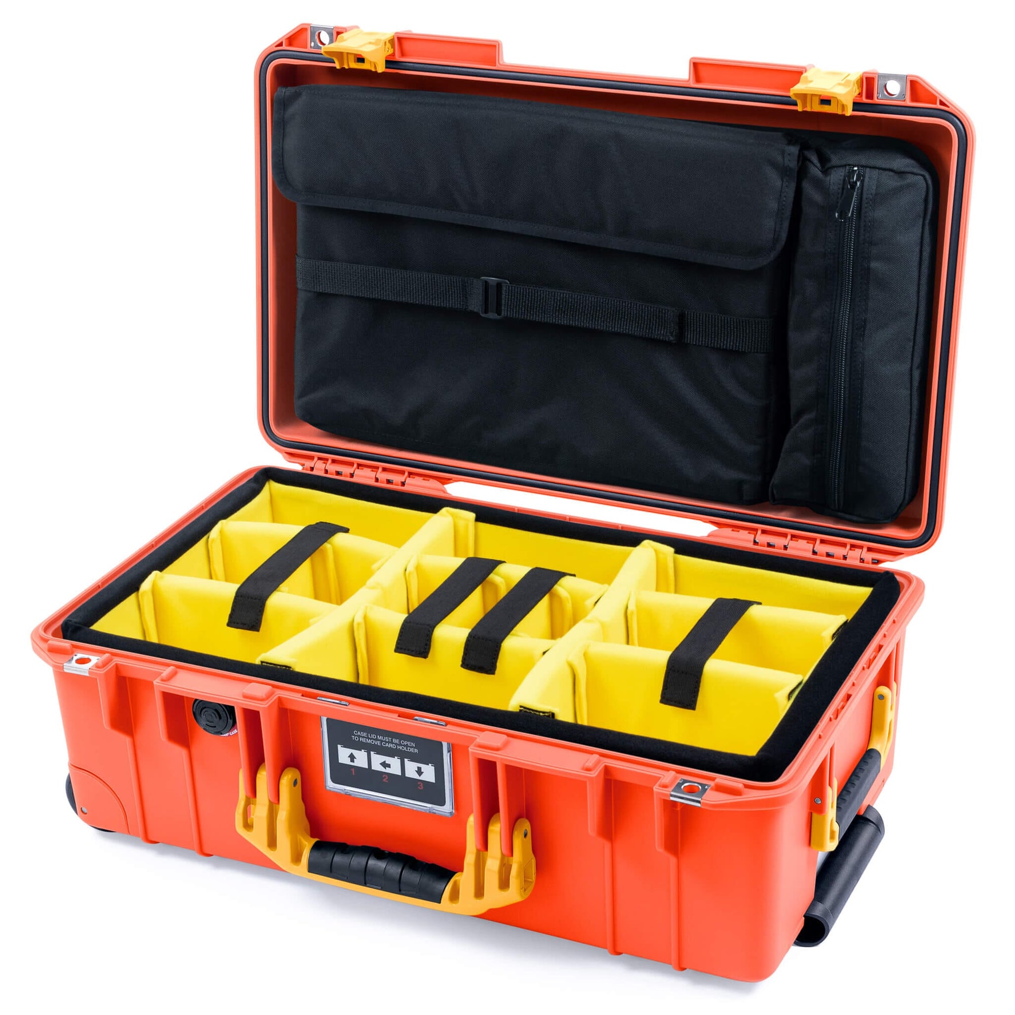 Pelican 1535 Air Case, Orange with Yellow Handles & Latches Yellow Padded Microfiber Dividers with Laptop Computer Lid Pouch ColorCase 015350-0210-150-241