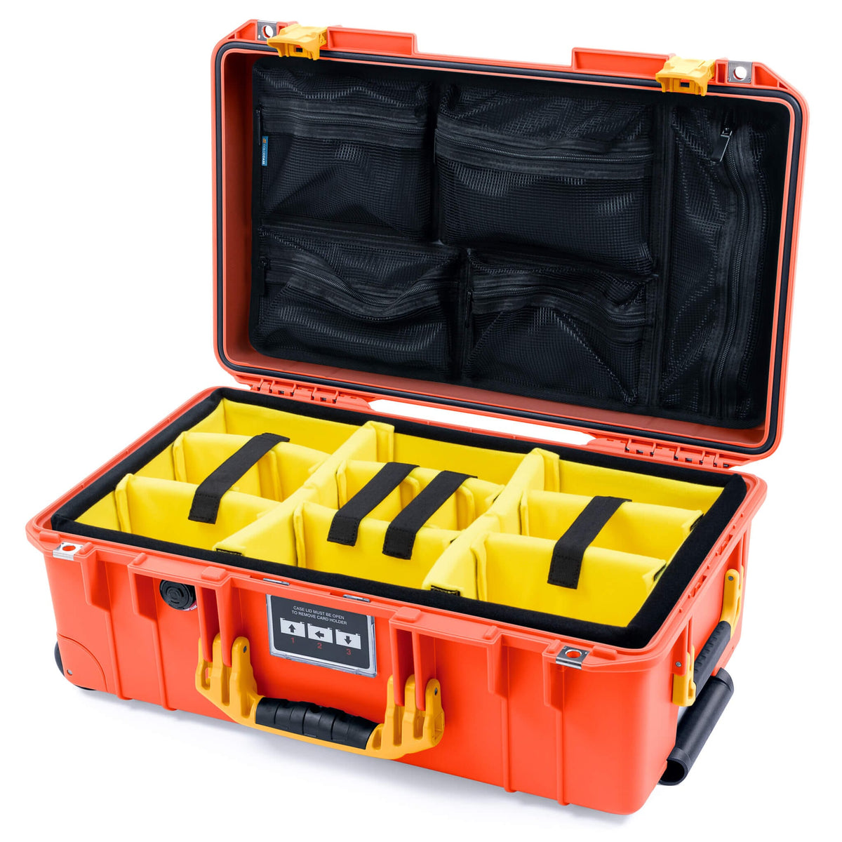 Pelican 1535 Air Case, Orange with Yellow Handles &amp; Latches Yellow Padded Microfiber Dividers with Mesh Lid Organizer ColorCase 015350-0110-150-241