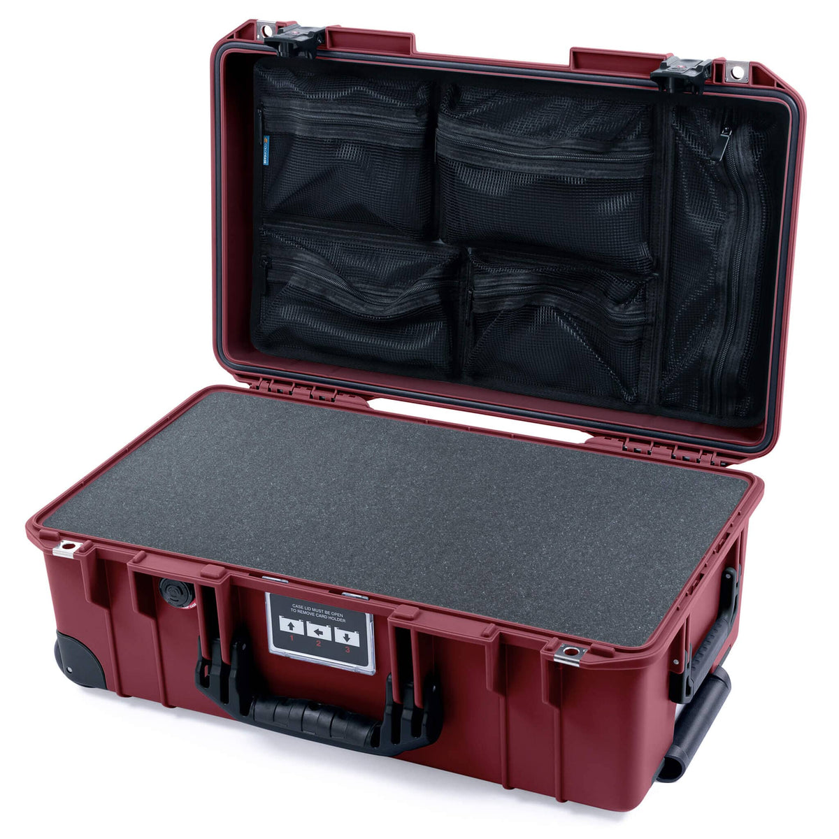 Pelican 1535 Air Case, Oxblood with Black Handles, TSA Locking Latches &amp; Trolley Pick &amp; Pluck Foam with Mesh Lid Organizer ColorCase 015350-0101-510-L10-110