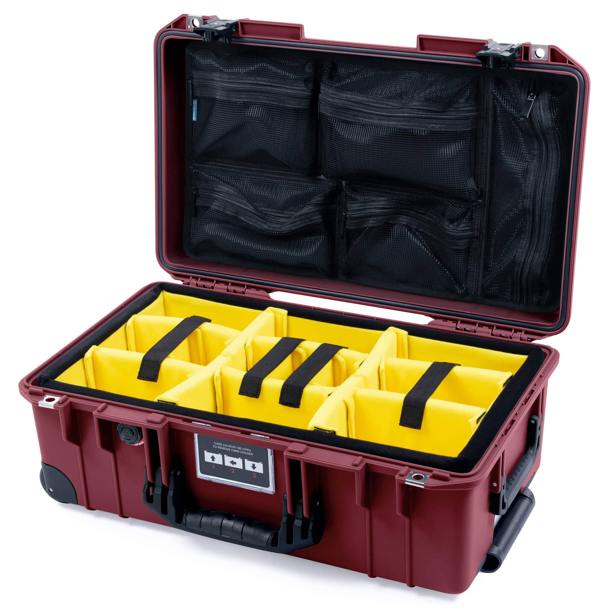 Pelican 1535 Air Case, Oxblood with Black Handles, TSA Locking Latches & Trolley Yellow Padded Microfiber Dividers with Mesh Lid Organizer ColorCase 015350-0110-510-L10-110