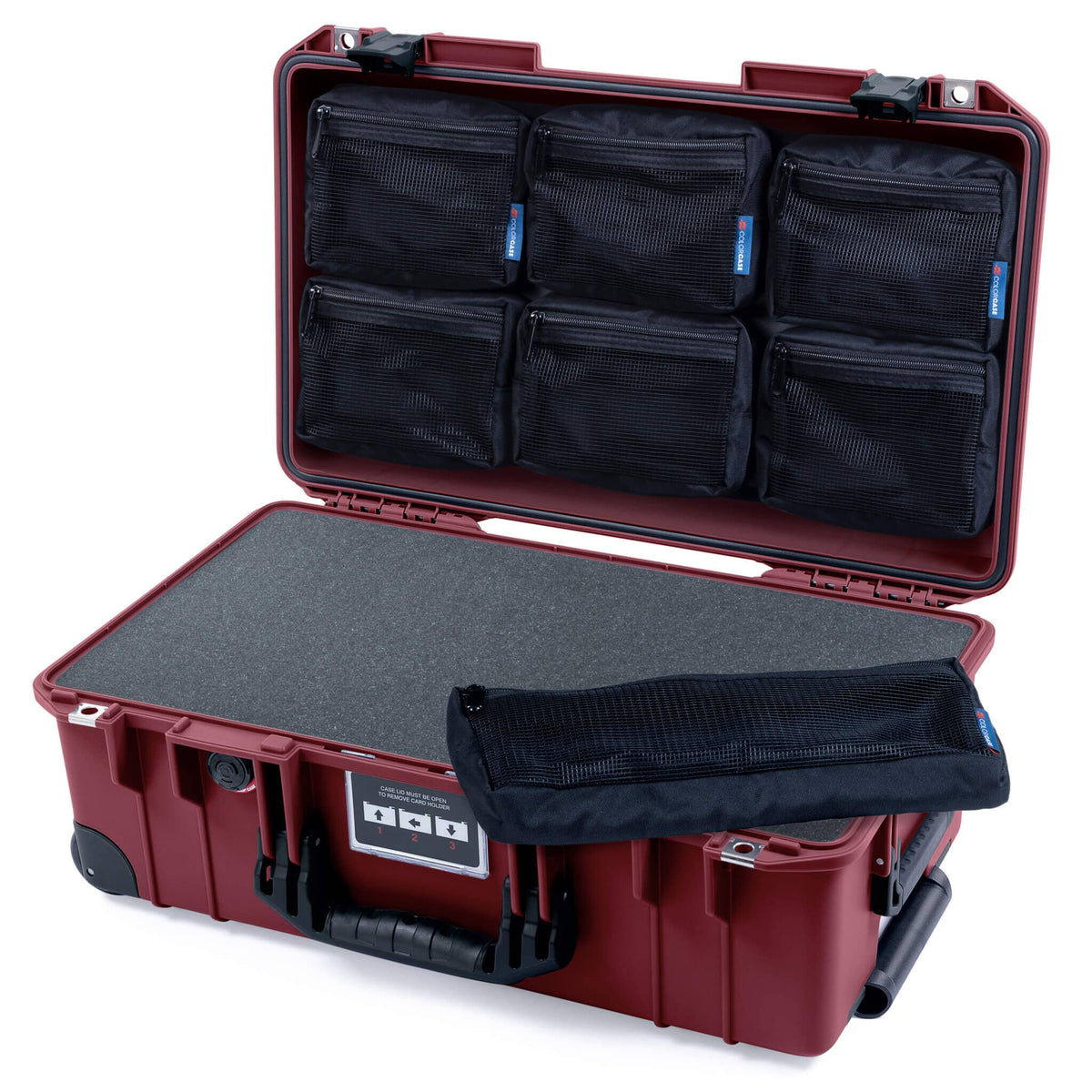 Pelican 1535 Air Case, Oxblood with Black Handles, Latches &amp; Trolley Pick &amp; Pluck Foam with 7-Piece Removable Mesh Pouches ColorCase 015350-0701-510-111-110