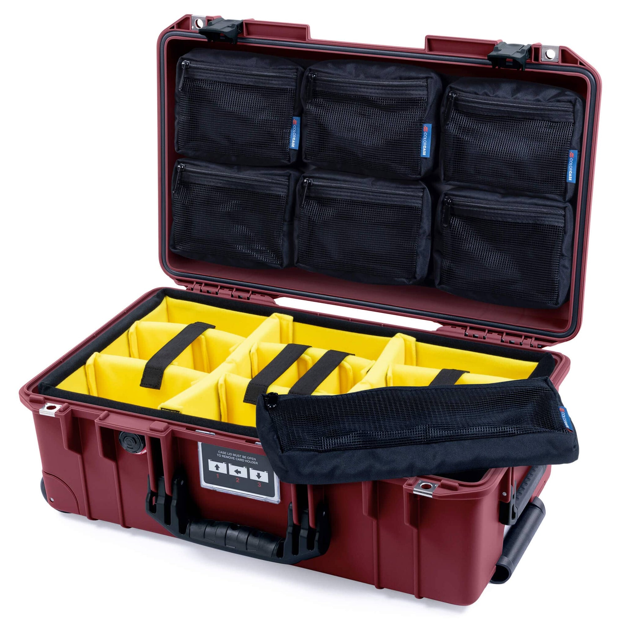 Pelican 1535 Air Case, Oxblood with Black Handles & Latches Yellow Padded Microfiber Dividers with 7-Piece Removable Mesh Pouches ColorCase 015350-0710-510-111
